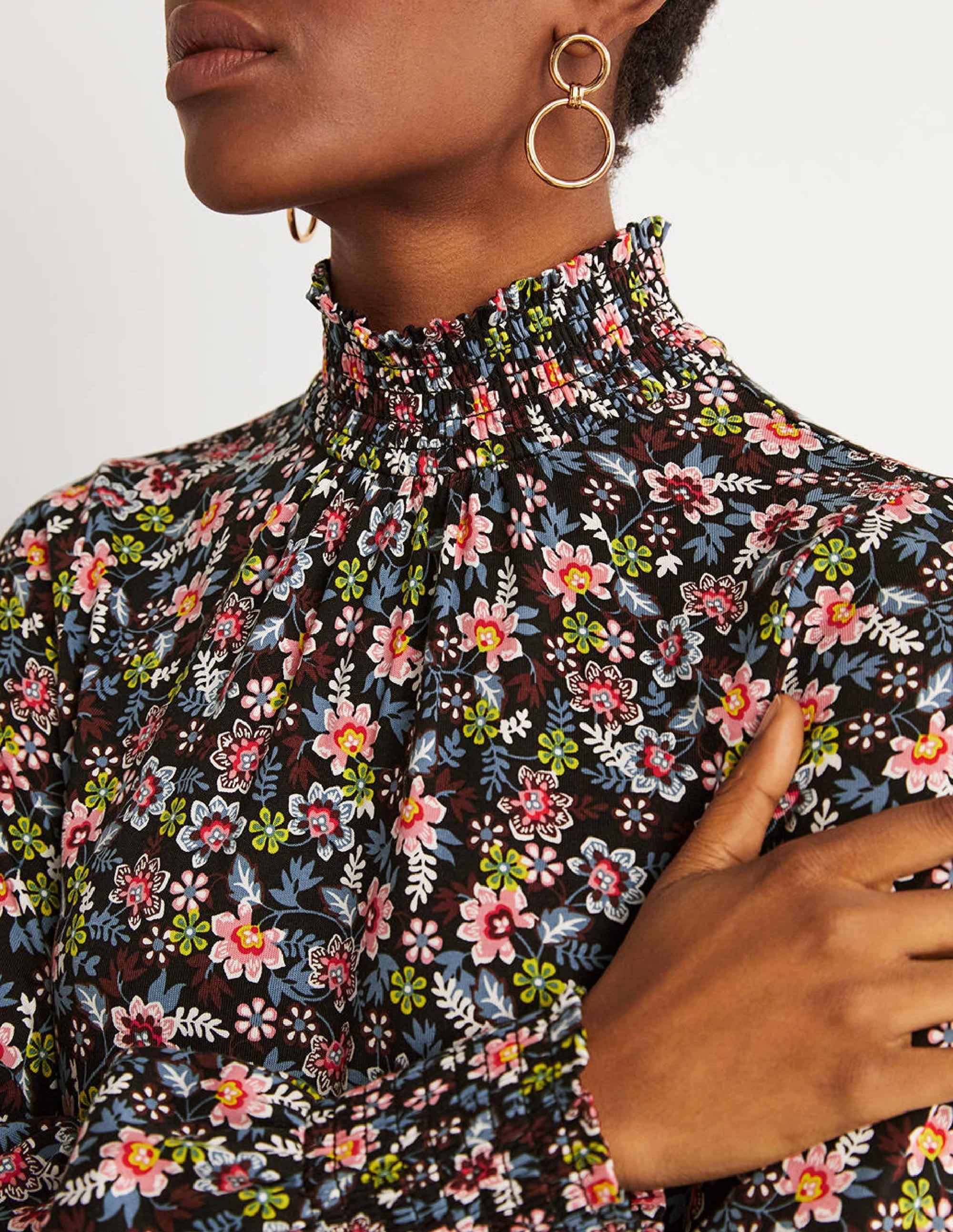 Black Floral High-Neck Shift Dress-Black, Opulent Leaf - Image 2