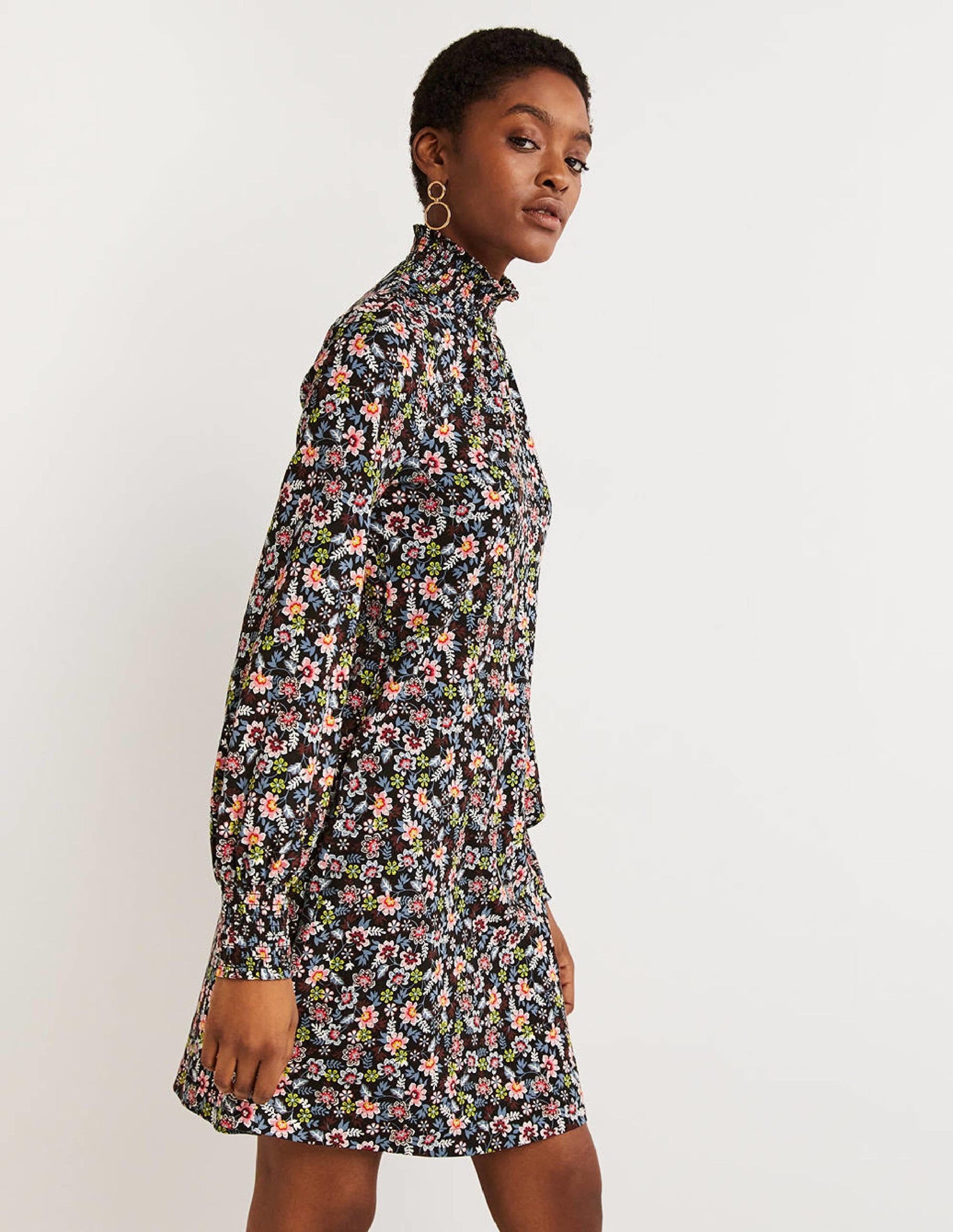 Black Floral High-Neck Shift Dress-Black, Opulent Leaf-4