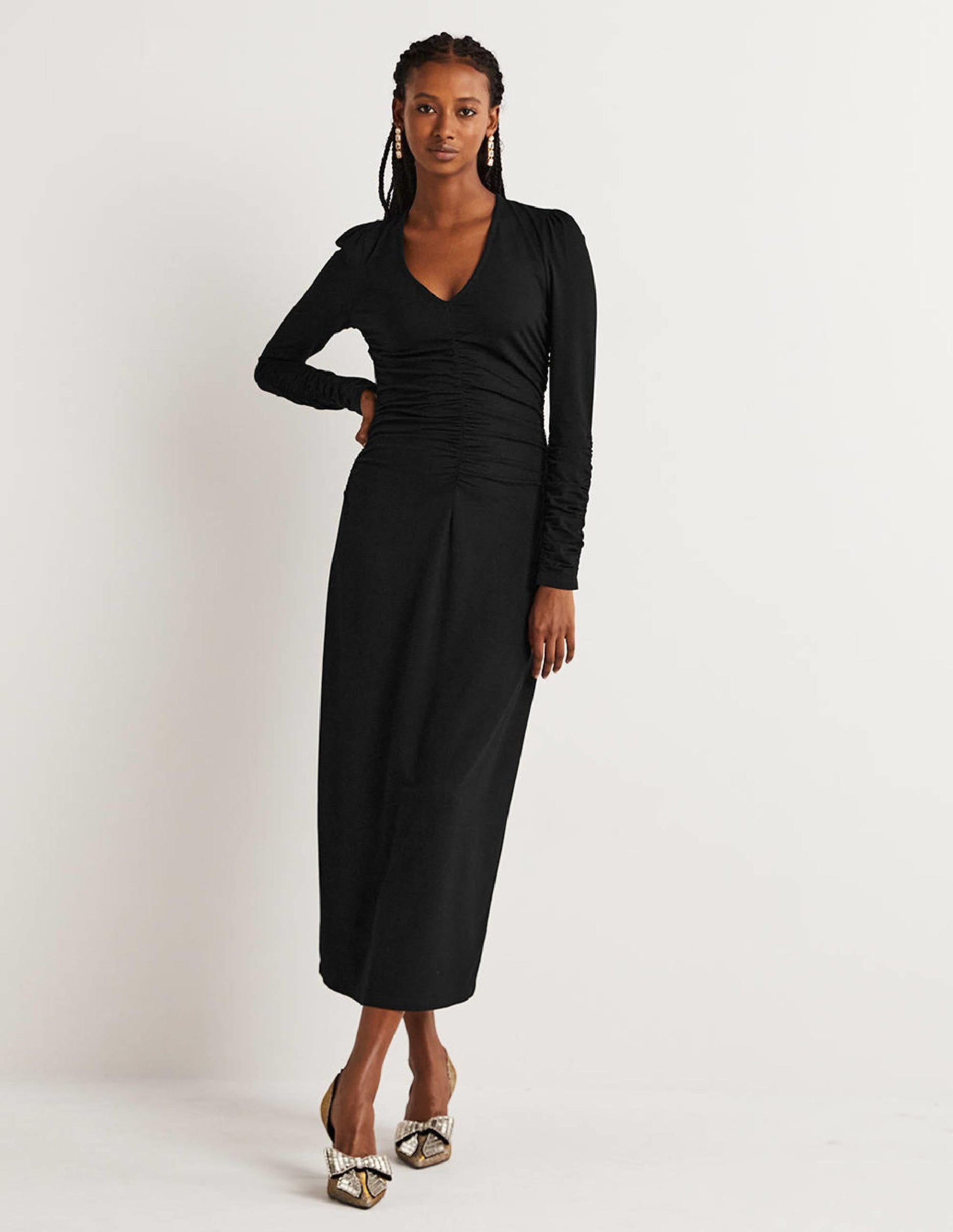 Ruched Jersey Midi Dress-Black-1