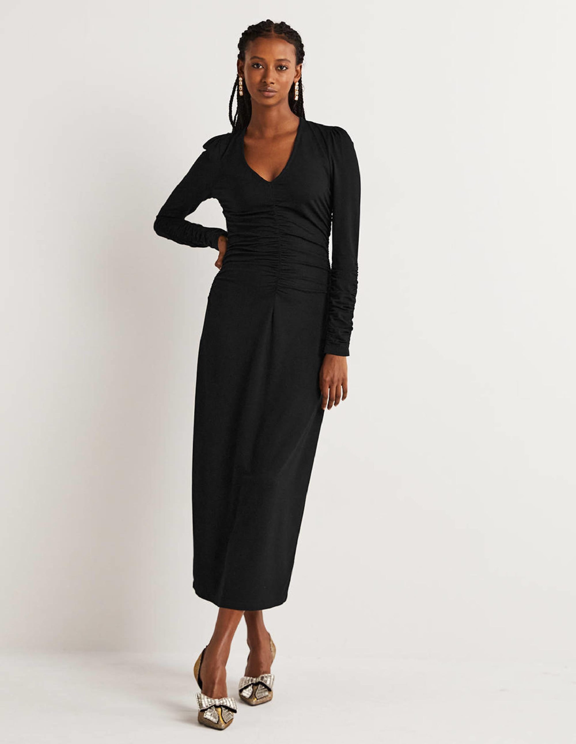 Ruched Jersey Midi Dress-Black - Image 1