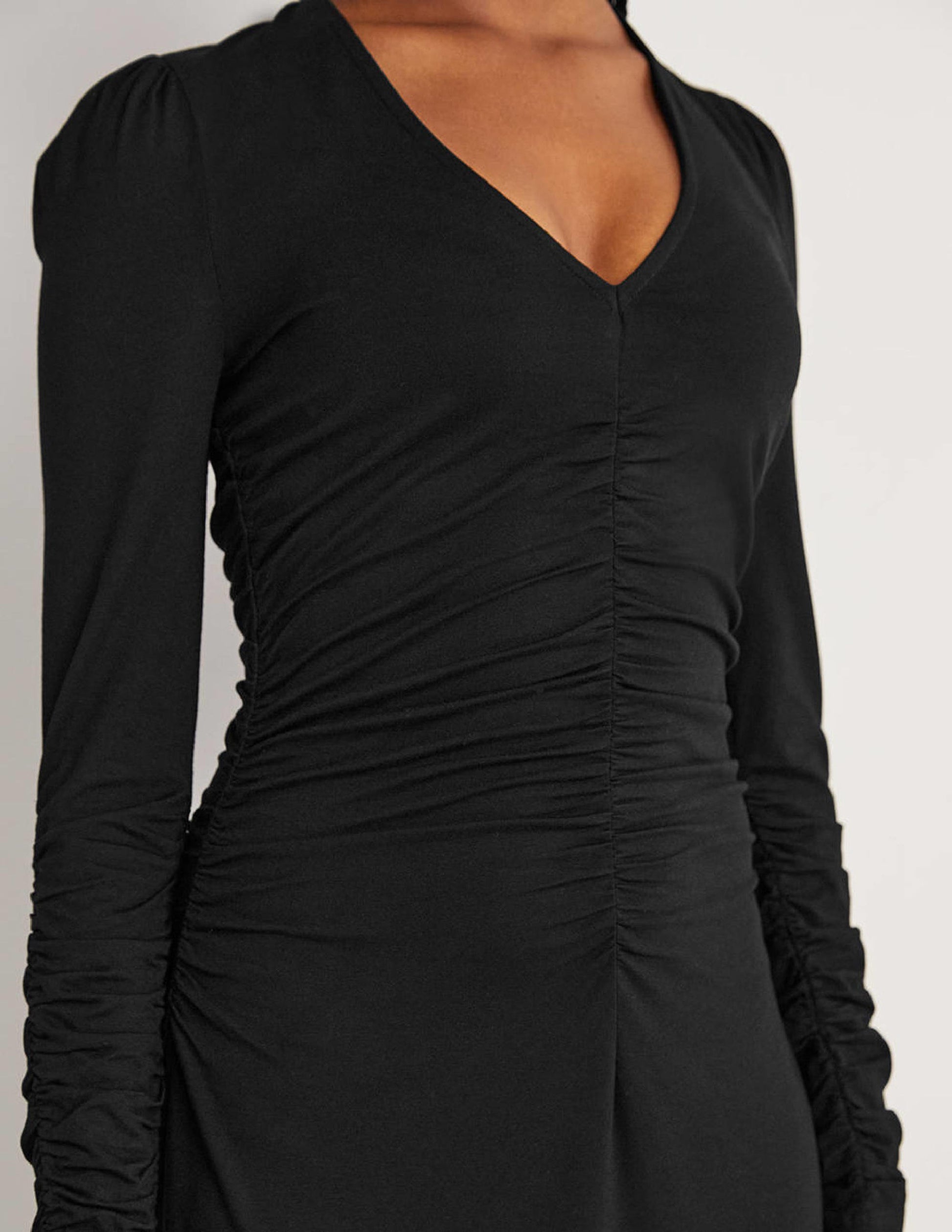 Ruched Jersey Midi Dress-Black-2