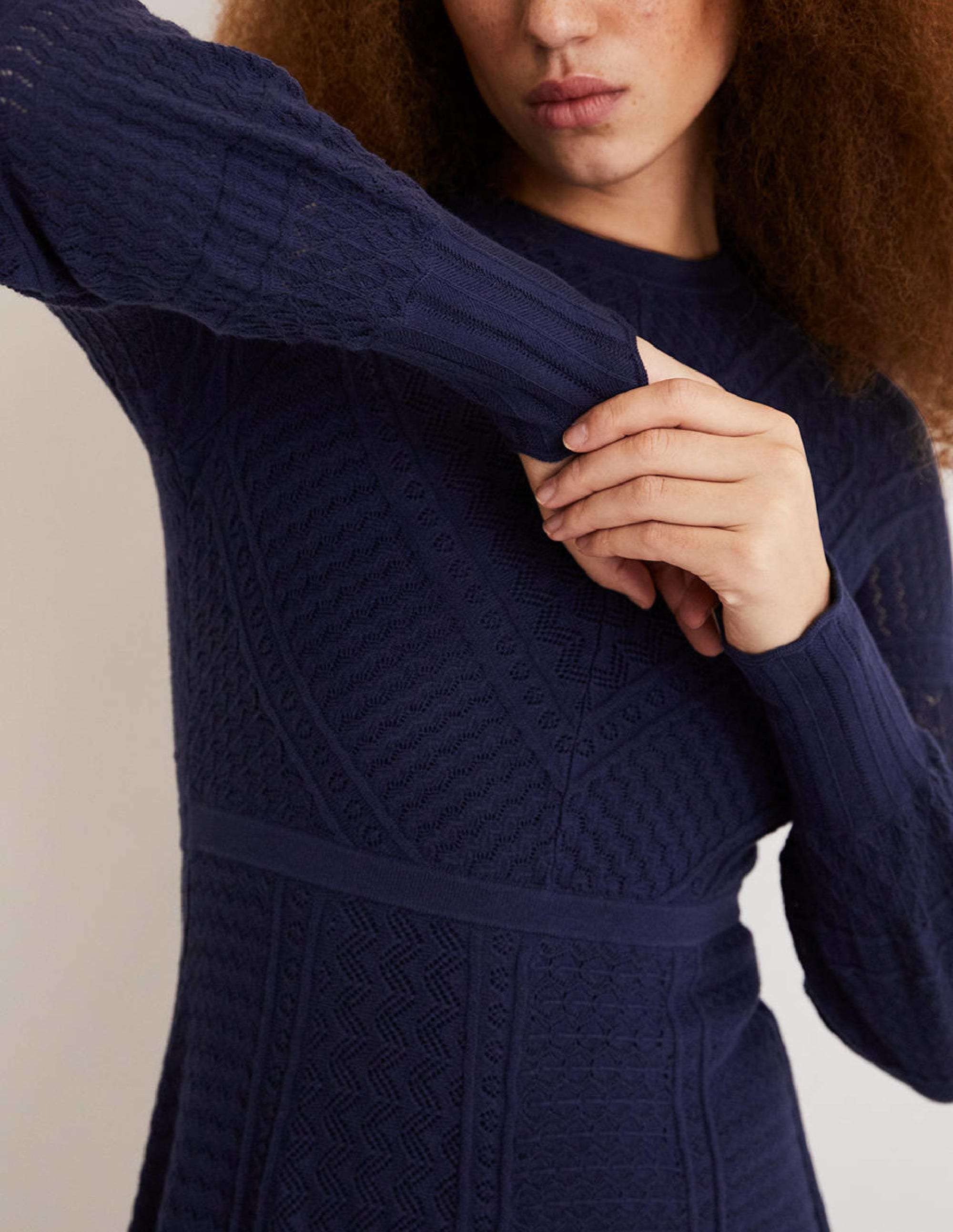 Pointelle Knitted Mini Dress-Night Blue - Image 2