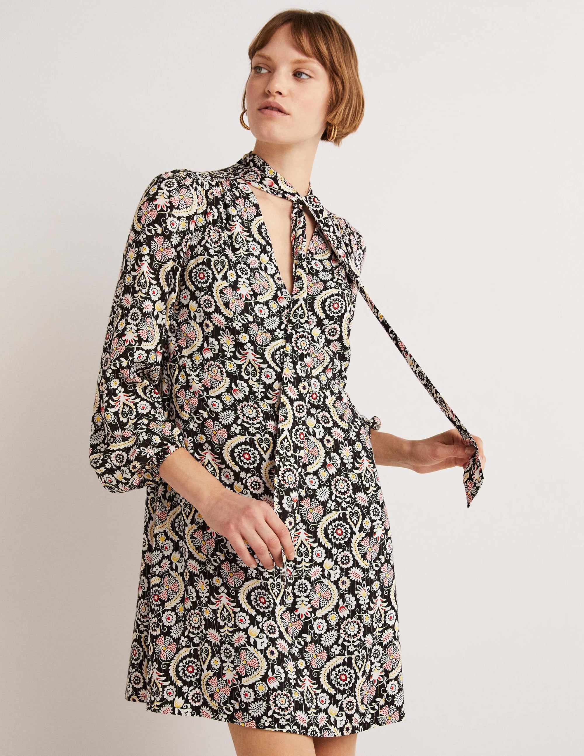 Tie Neck Mini Dress-Black, Tropic Charm - Image 1