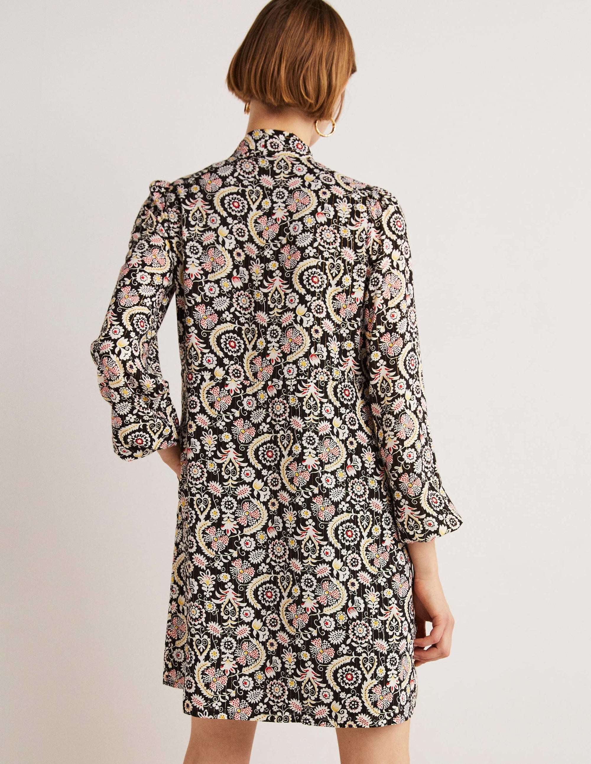Tie Neck Mini Dress-Black, Tropic Charm - Image 3