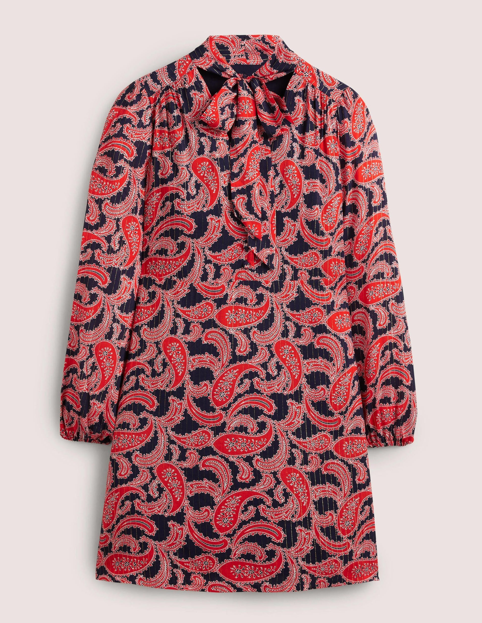 Tie Neck Mini Dress-Red, Paisley Cluster-6