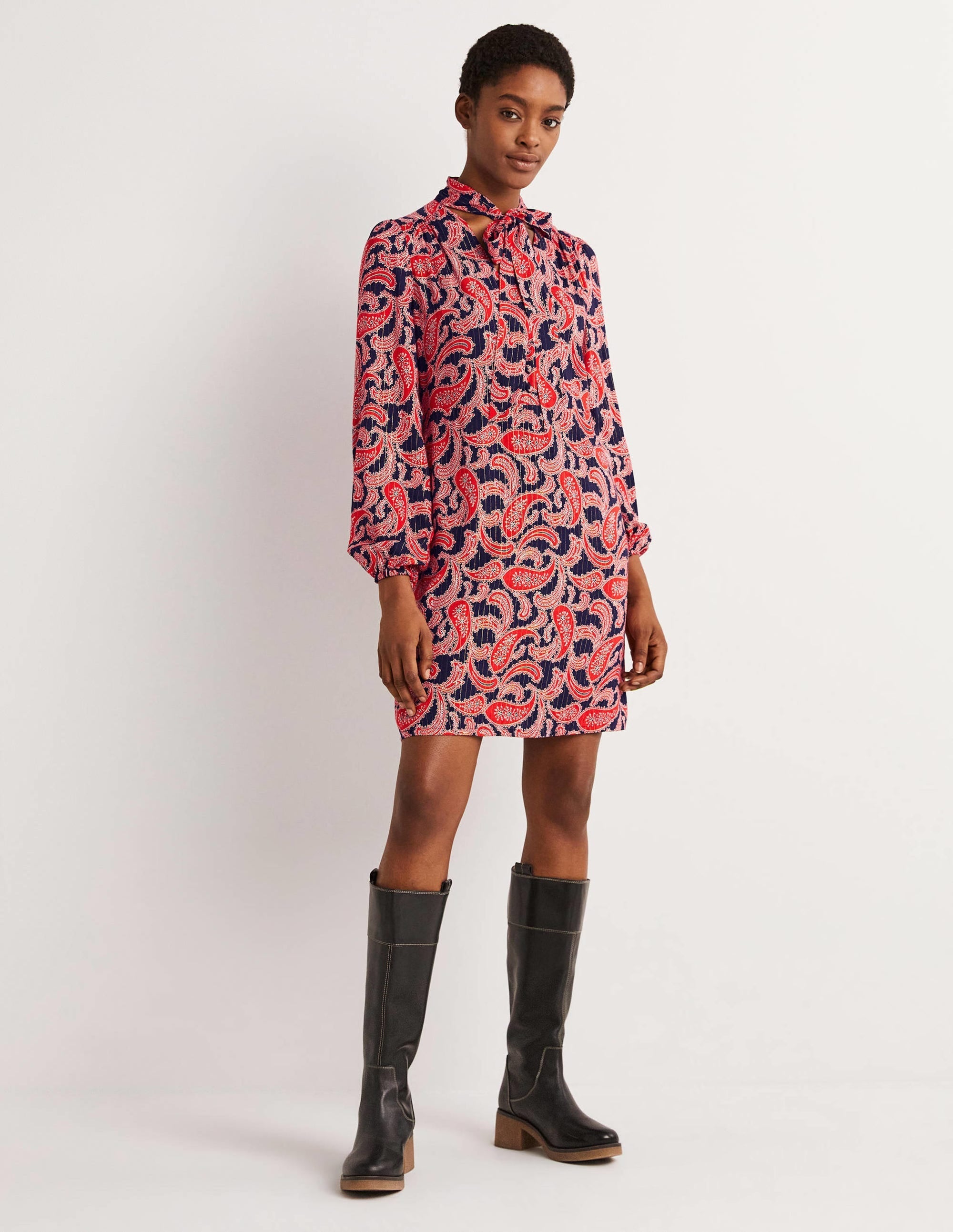 Tie Neck Mini Dress-Red, Paisley Cluster - Image 1