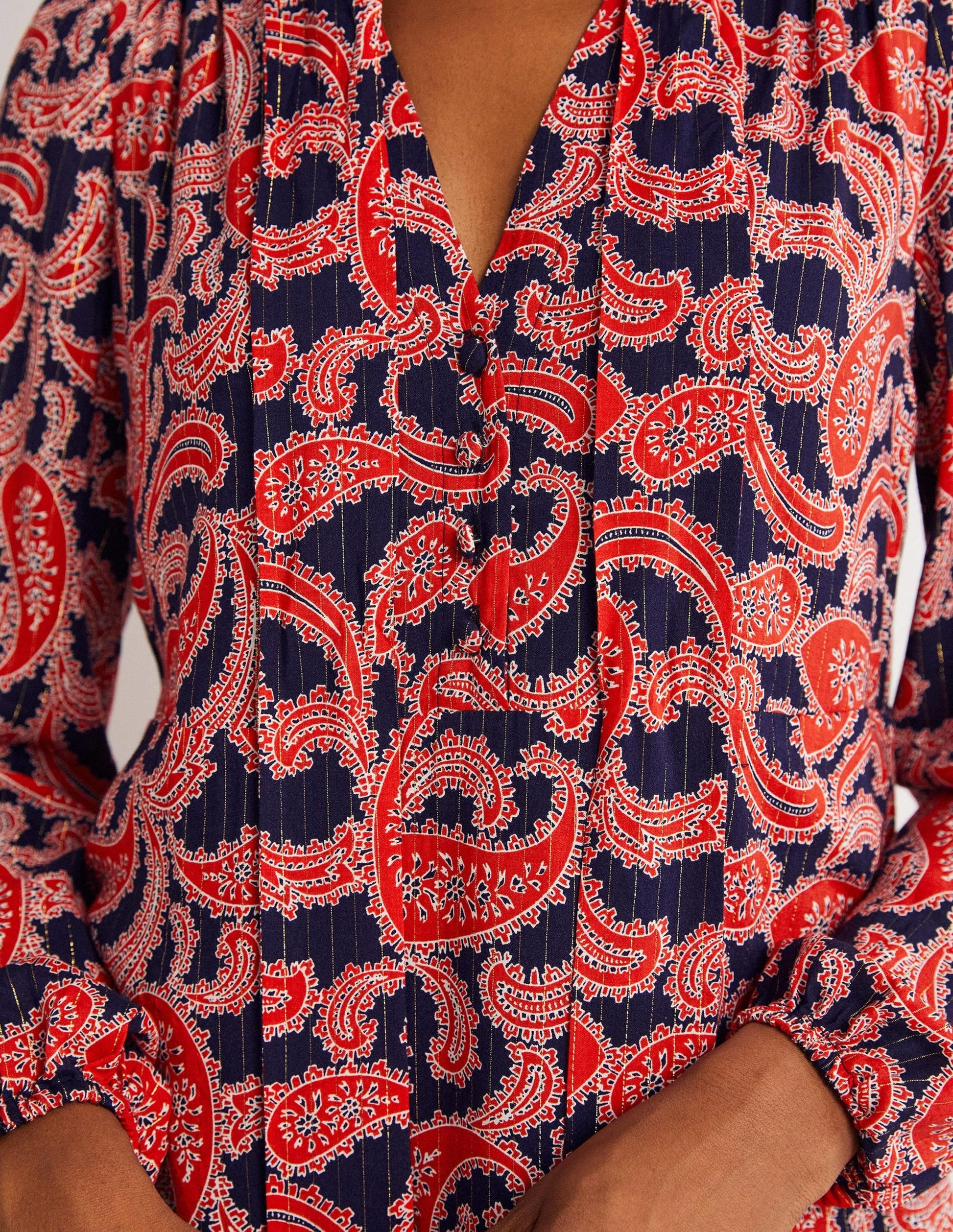 Tie Neck Mini Dress-Red, Paisley Cluster-2