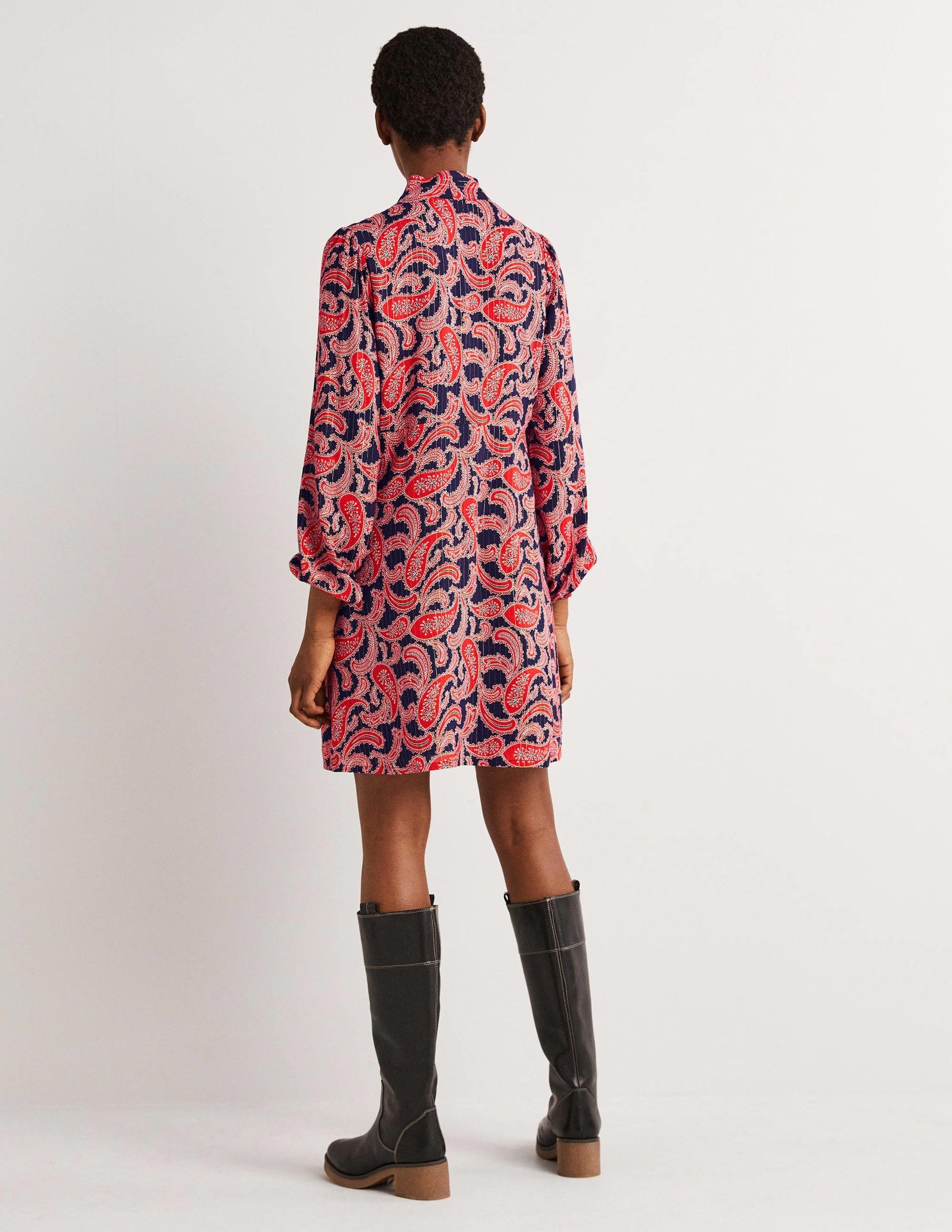 Tie Neck Mini Dress-Red, Paisley Cluster-3