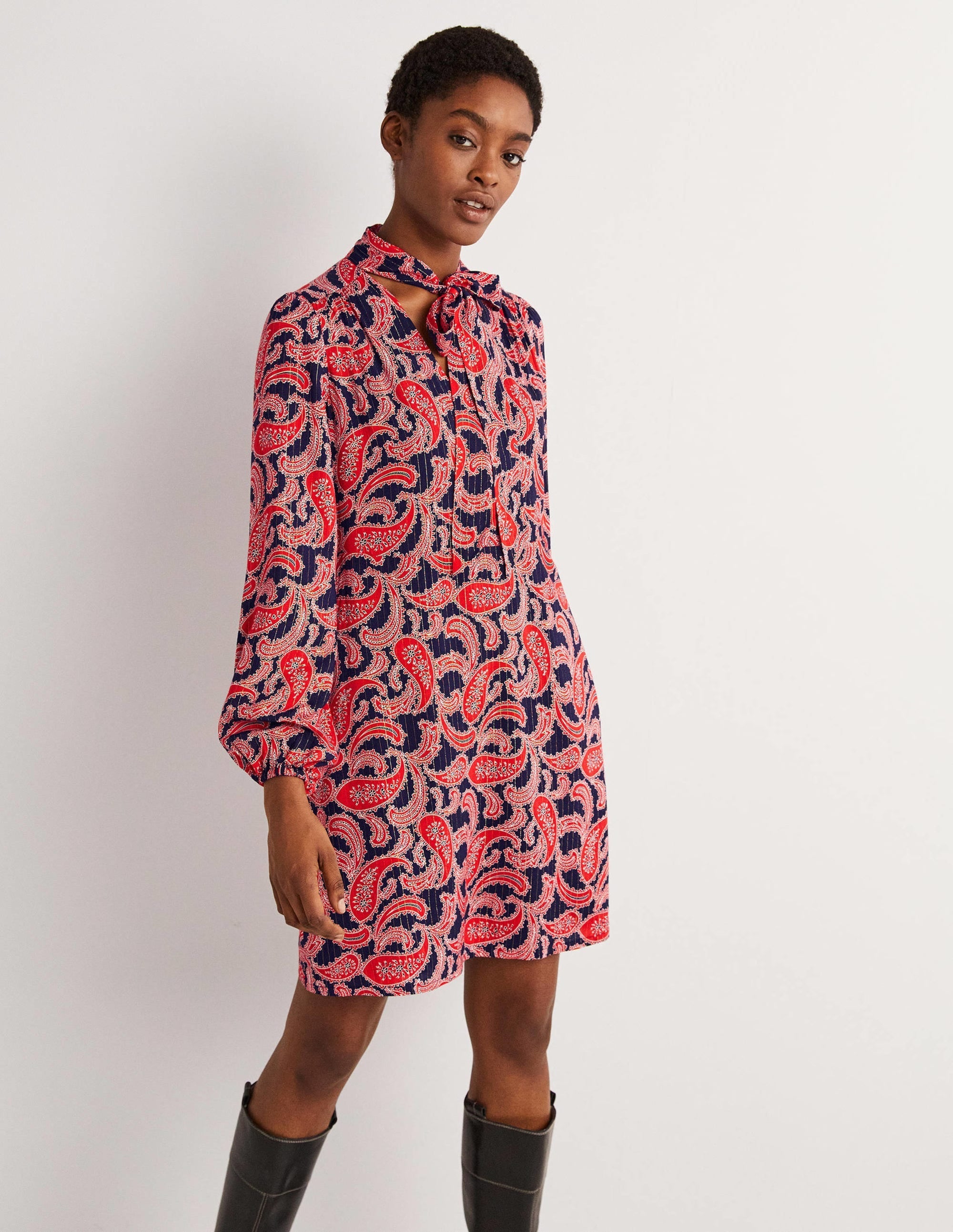 Tie Neck Mini Dress-Red, Paisley Cluster - Image 4