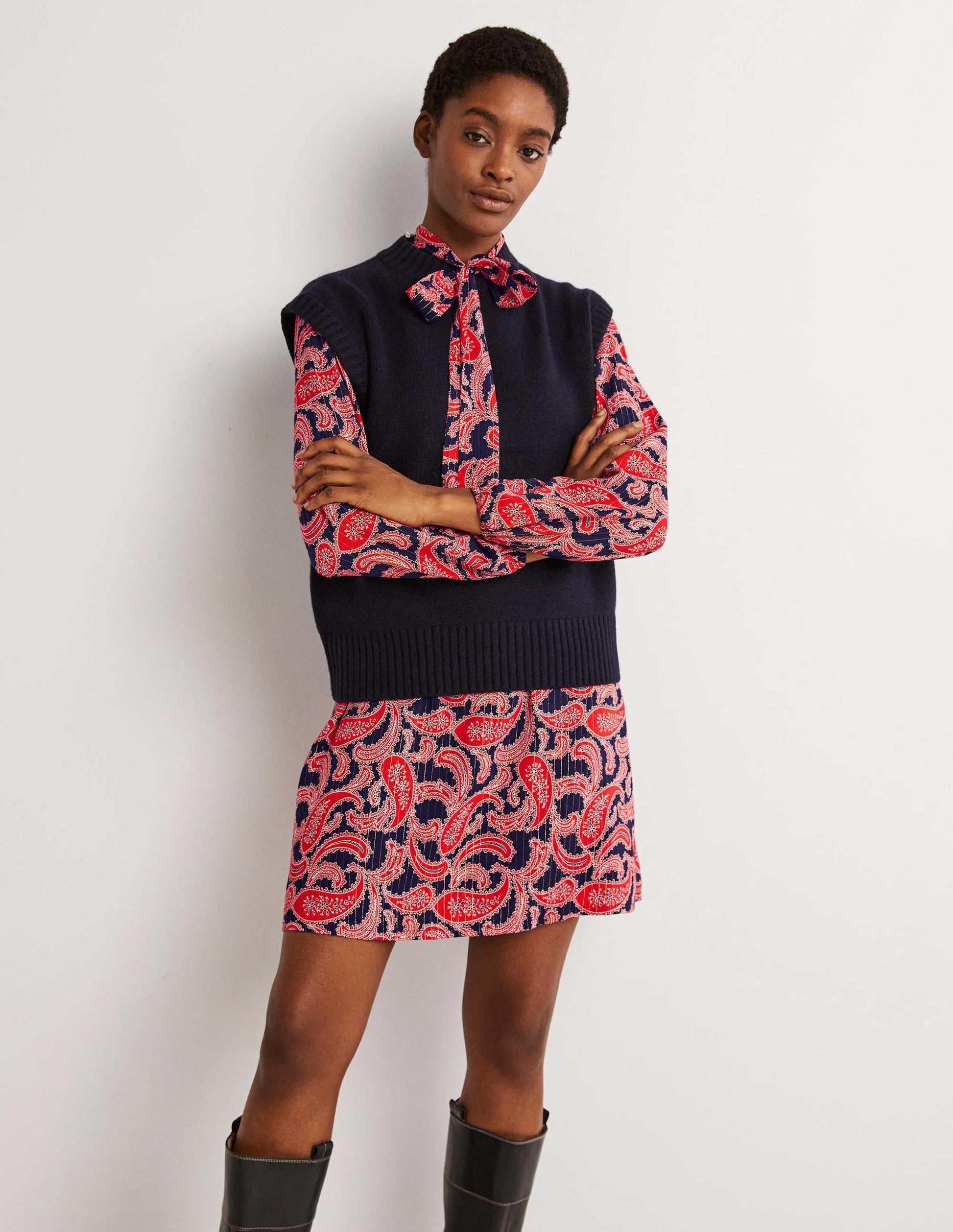 Tie Neck Mini Dress-Red, Paisley Cluster-5