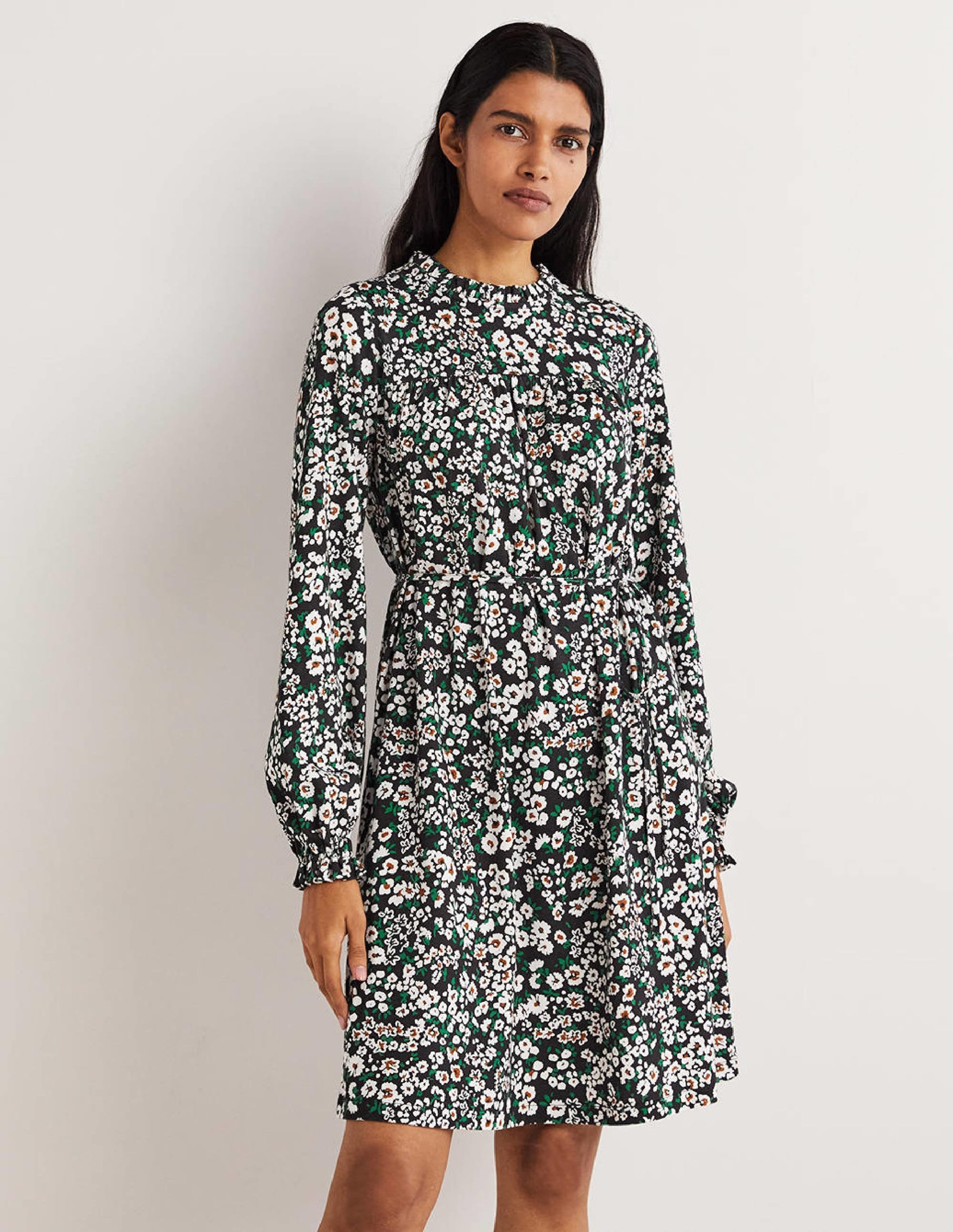 Easy Yoke Mini Jersey Dress-Black, Heart Bloom - Image 1