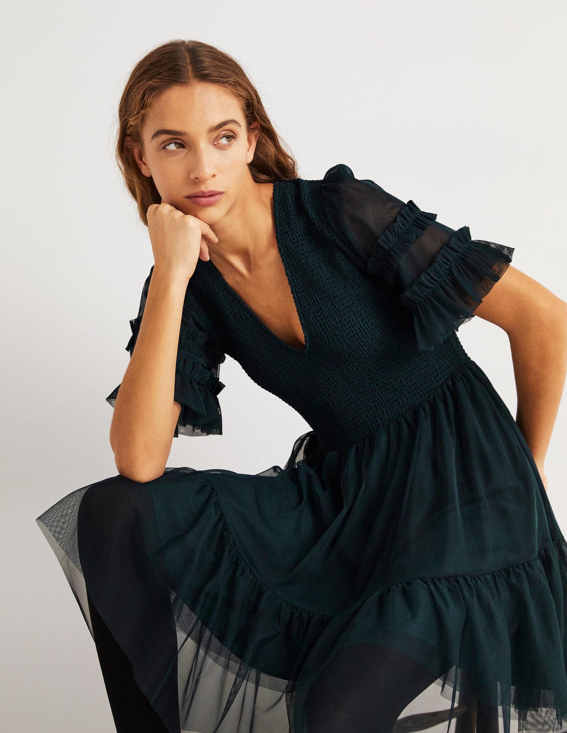 Tulle Smocked Mini Party Dress-Seaweed-1