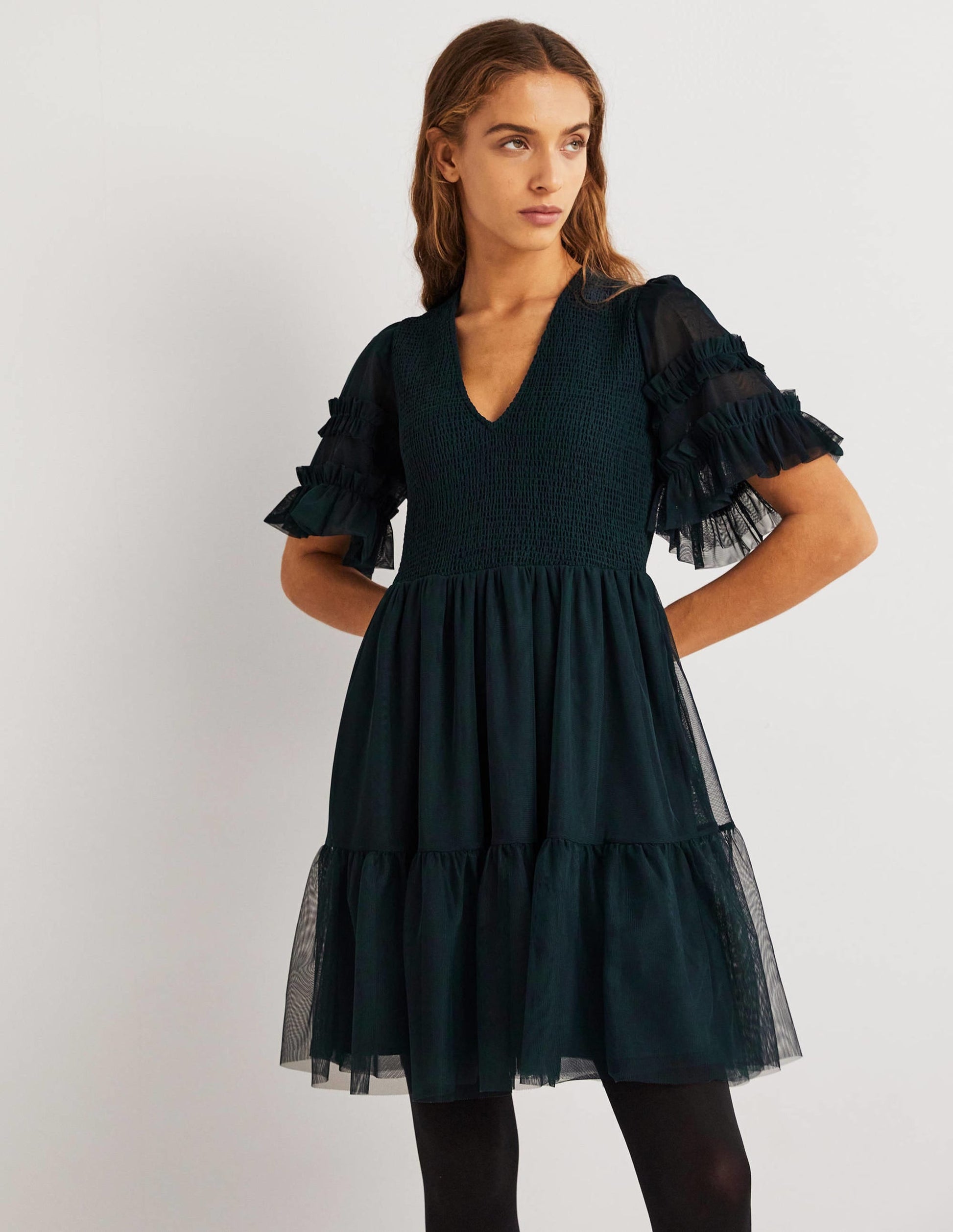 Tulle Smocked Mini Party Dress-Seaweed-2