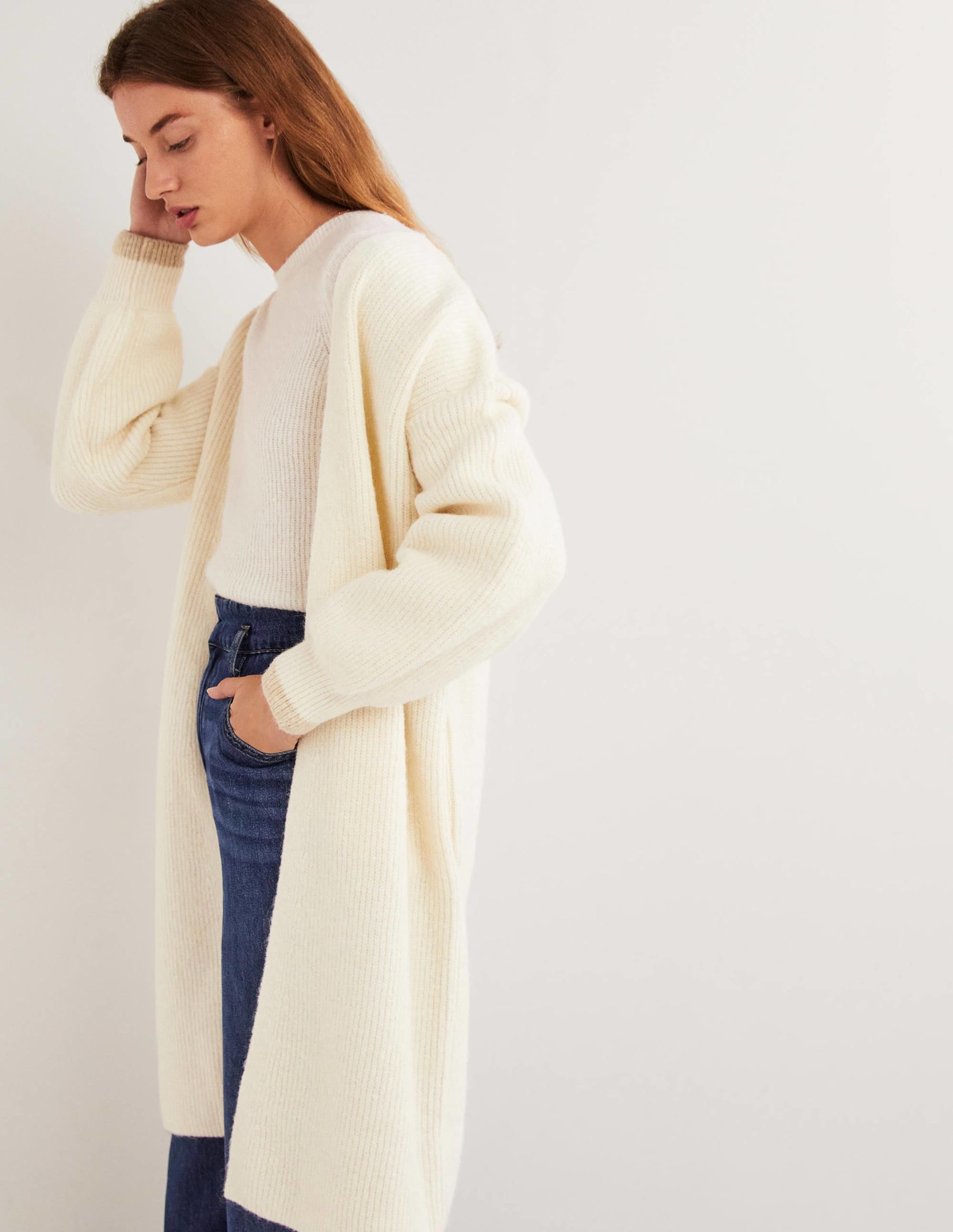 Longline Fluffy Cardigan-Warm Ivory, Oatmeal - Image 5