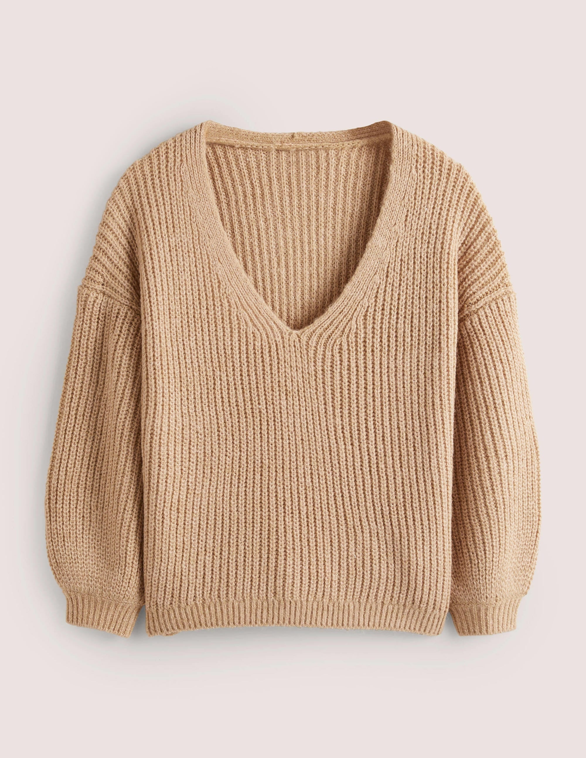 Chunky Fluffy V-Neck Jumper-Camel Melange - Image 5