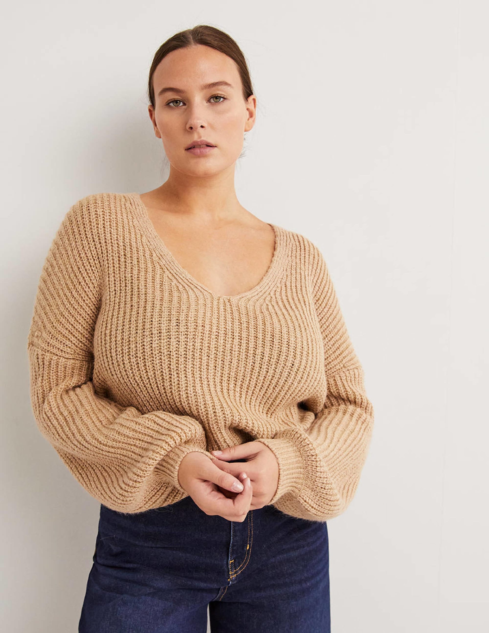 Chunky Fluffy V-Neck Jumper-Camel Melange - Image 1