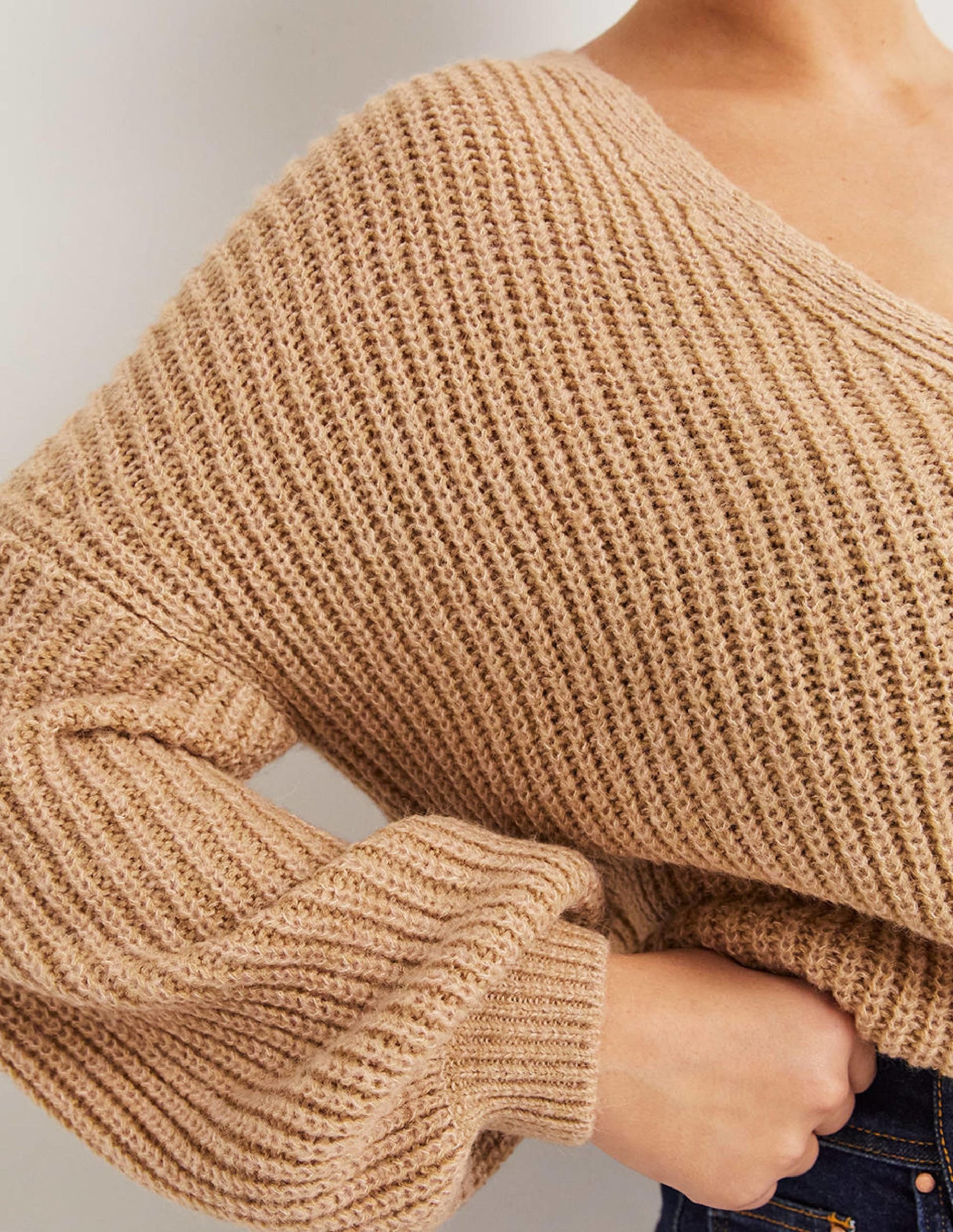 Chunky Fluffy V-Neck Jumper-Camel Melange-2