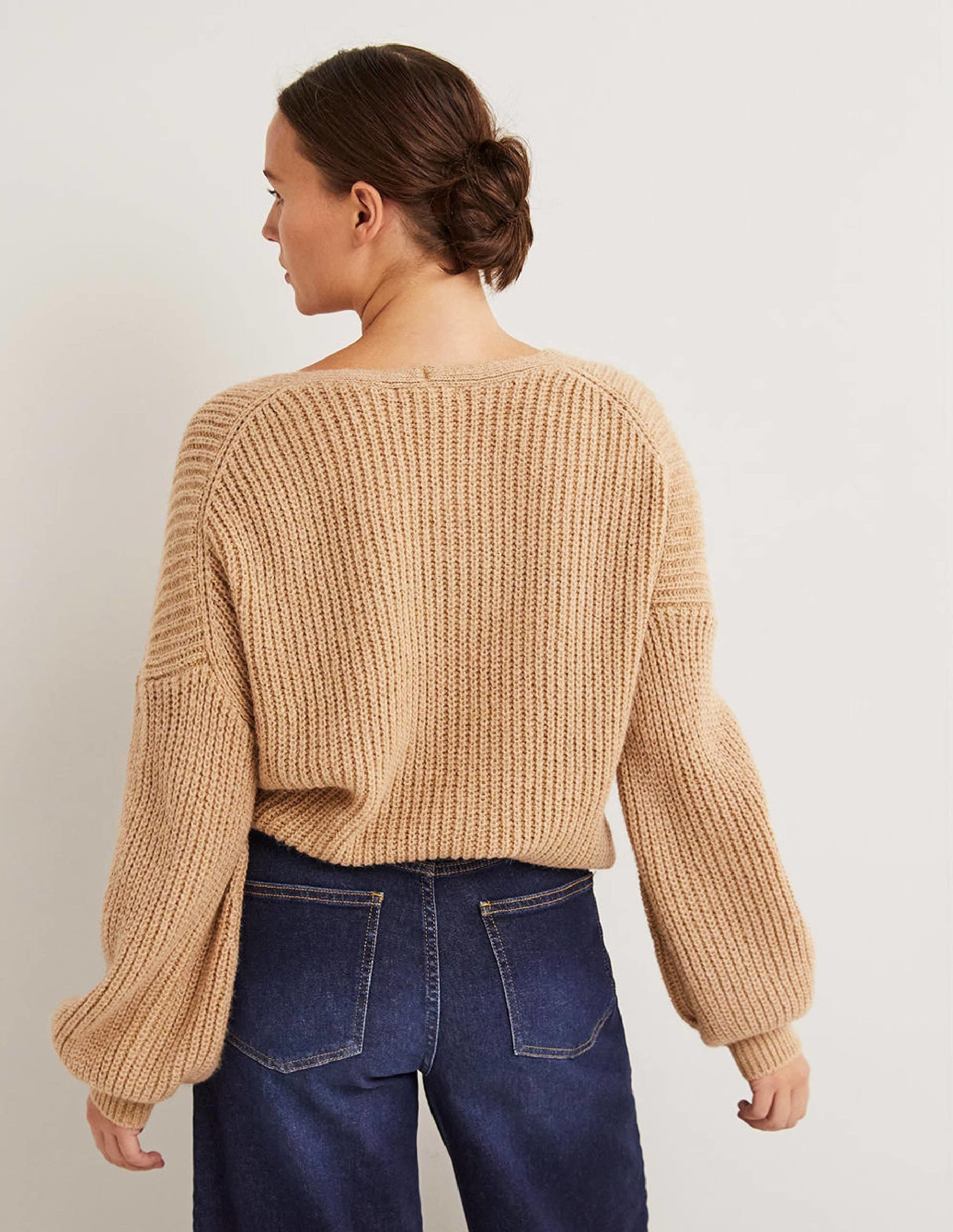 Chunky Fluffy V-Neck Jumper-Camel Melange-3