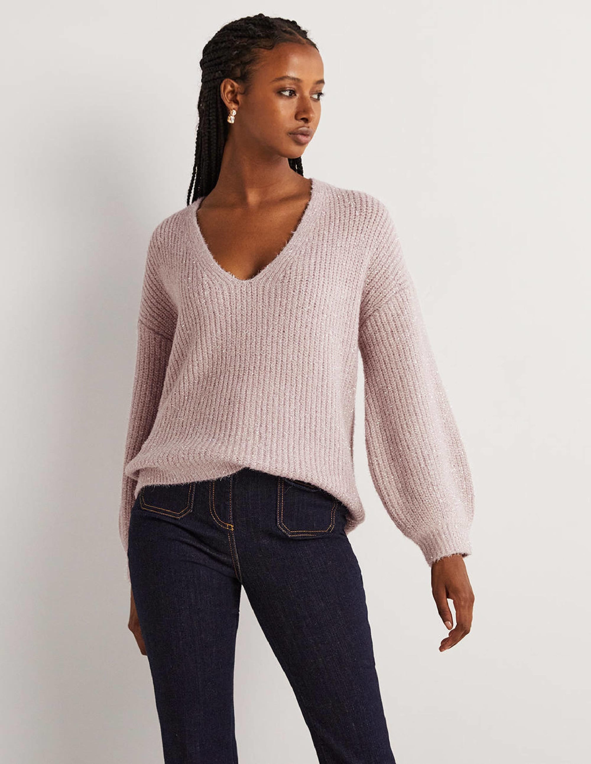 Chunky Fluffy V-Neck Jumper-Cameo Pink Sparkle - Image 1