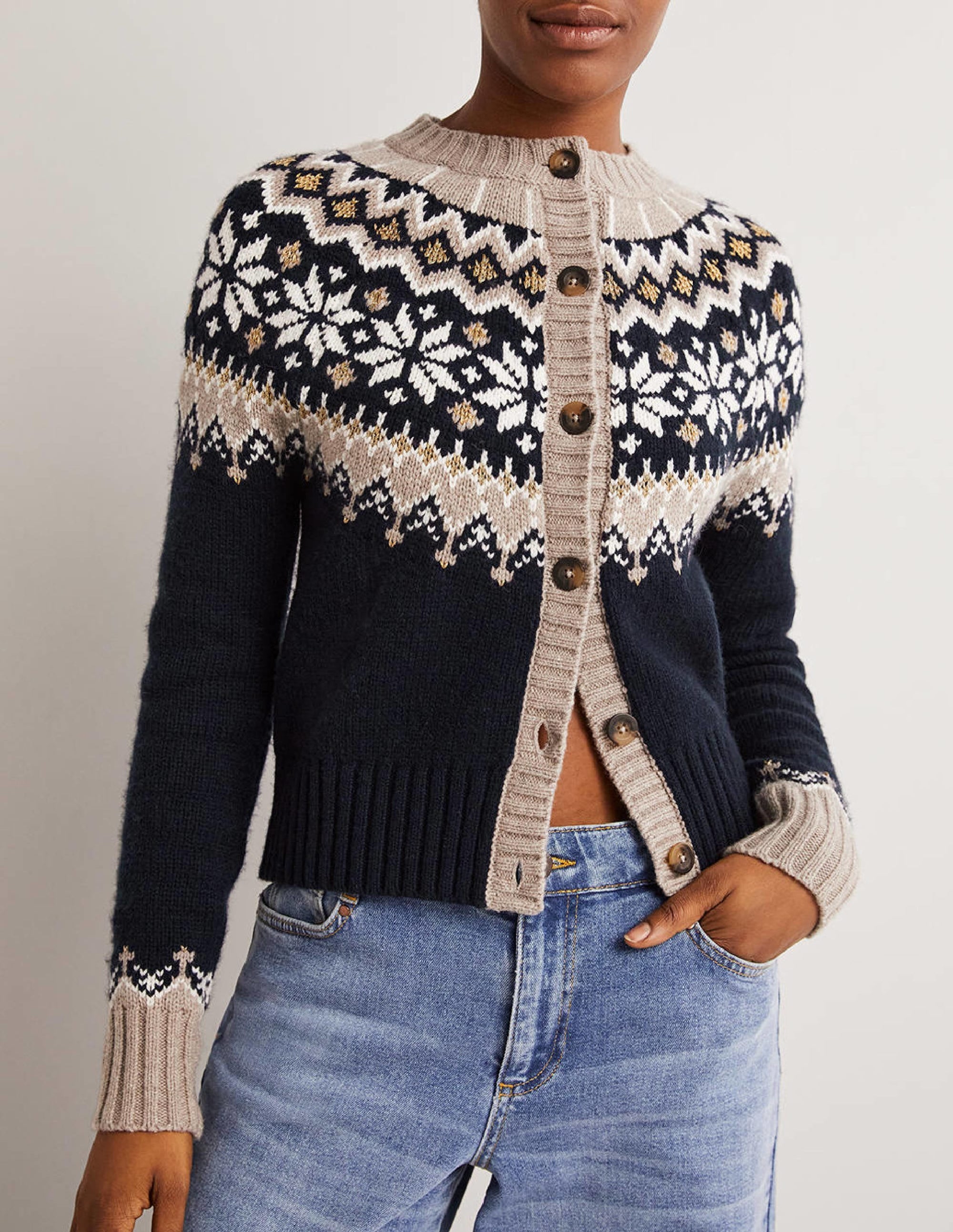 Chunky Fair Isle Cardigan-Navy, Chinchilla Fair Isle - Image 4