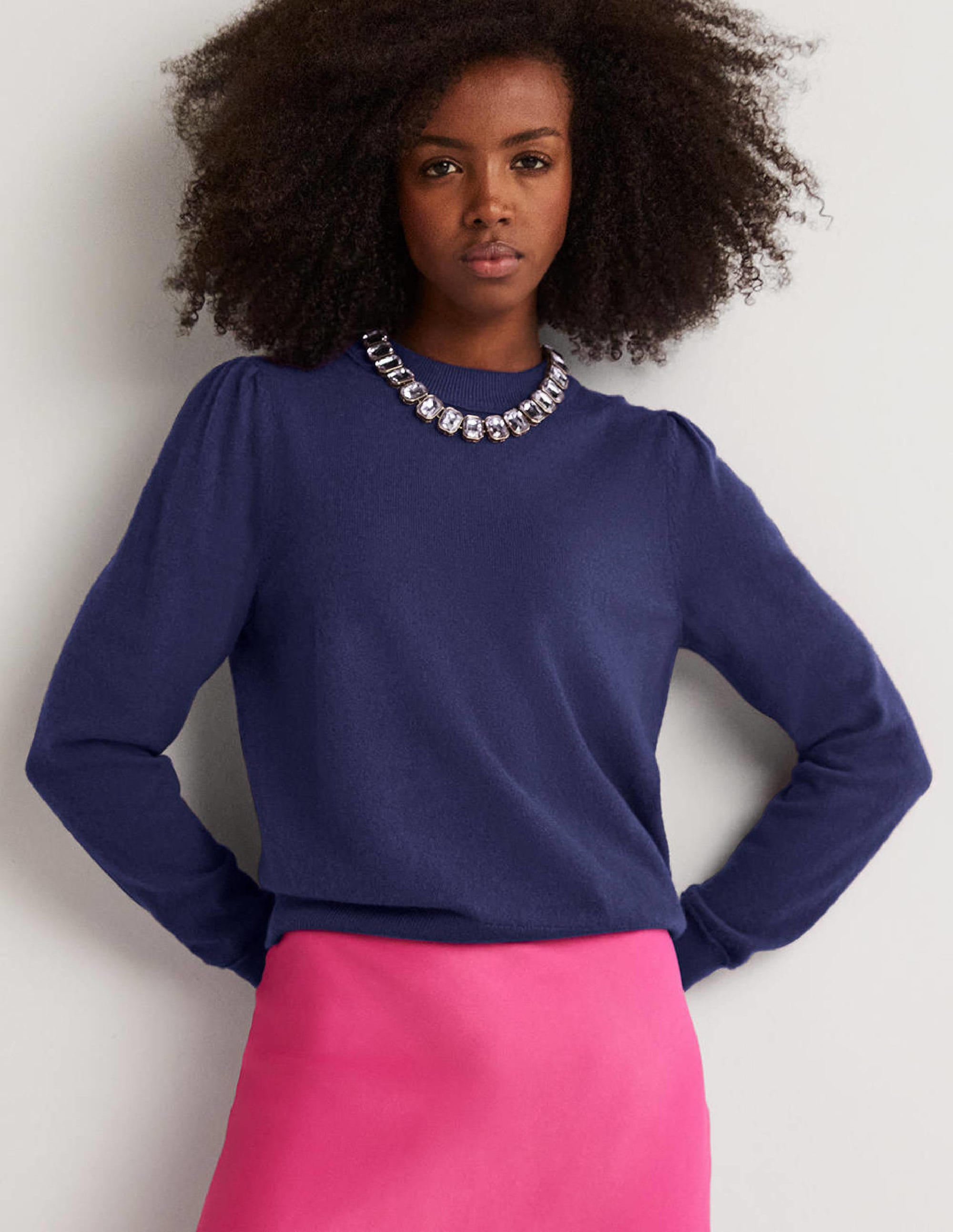 Cashmere Puff Shoulder Jumper-Navy - Image 5