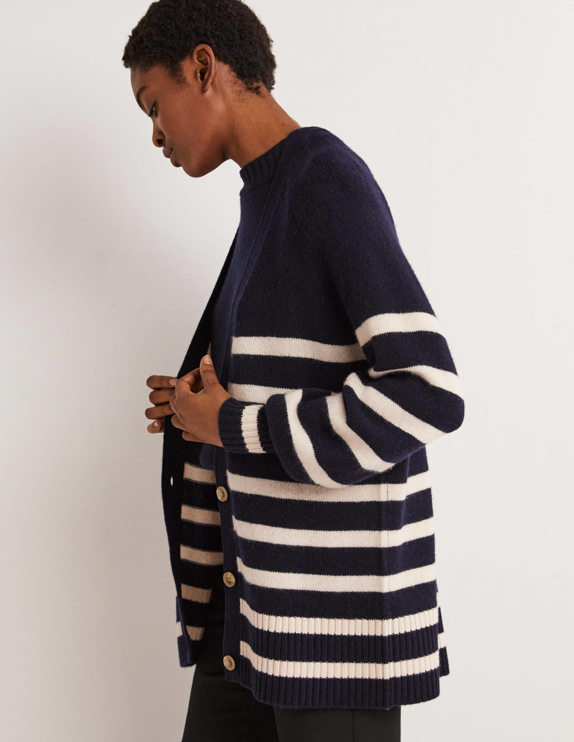 Long Cashmere Cardigan-Navy, Chinchilla Stripe - Image 1
