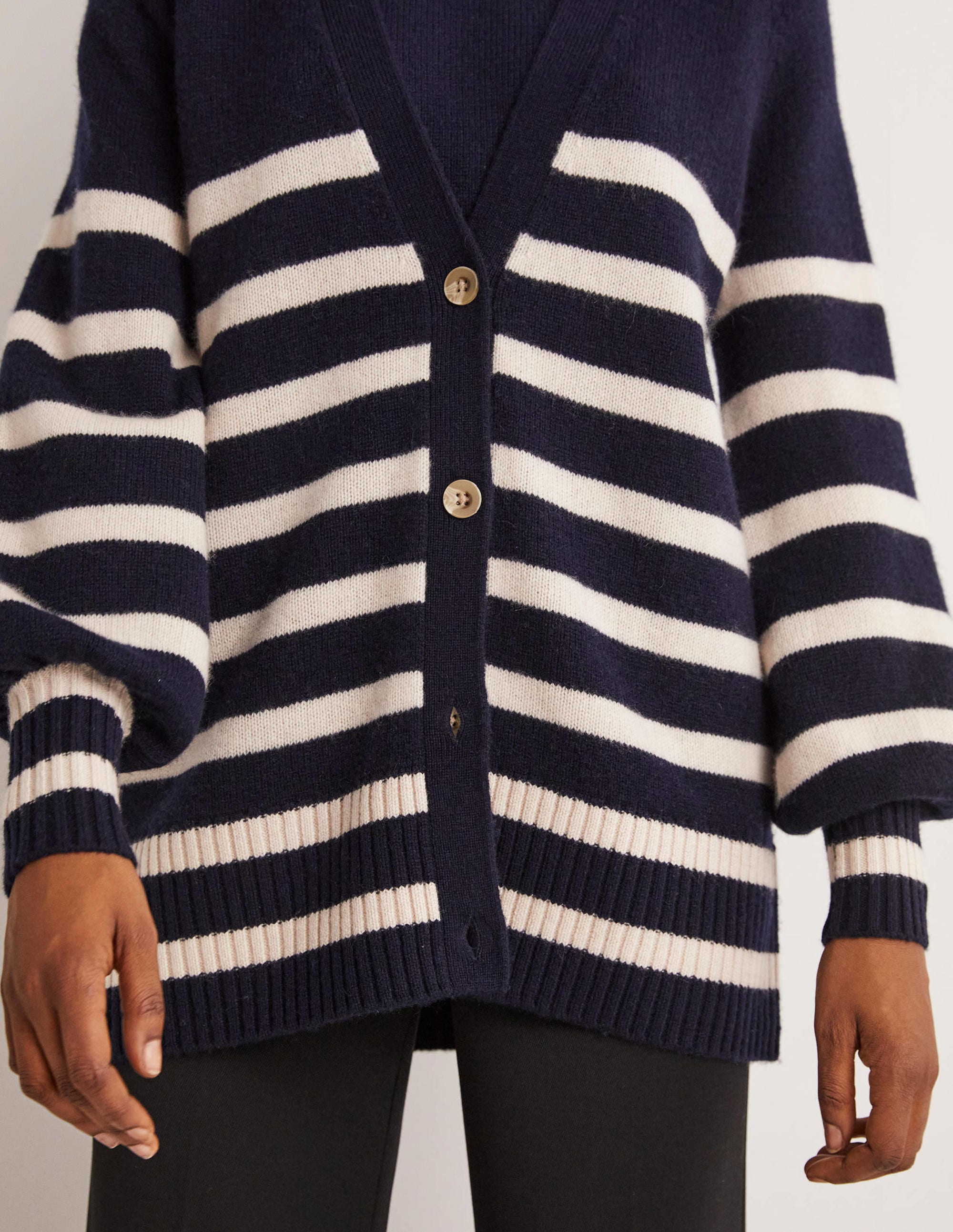 Long Cashmere Cardigan-Navy, Chinchilla Stripe - Image 2