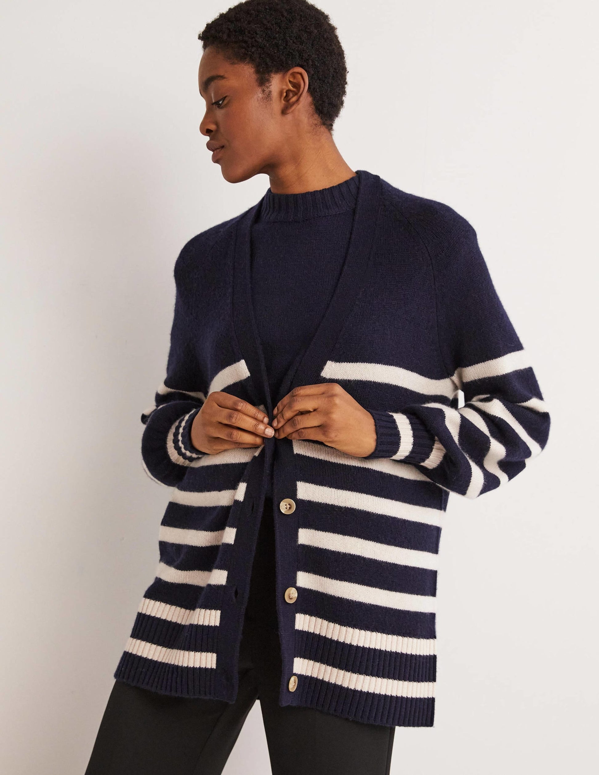 Long Cashmere Cardigan-Navy, Chinchilla Stripe-4