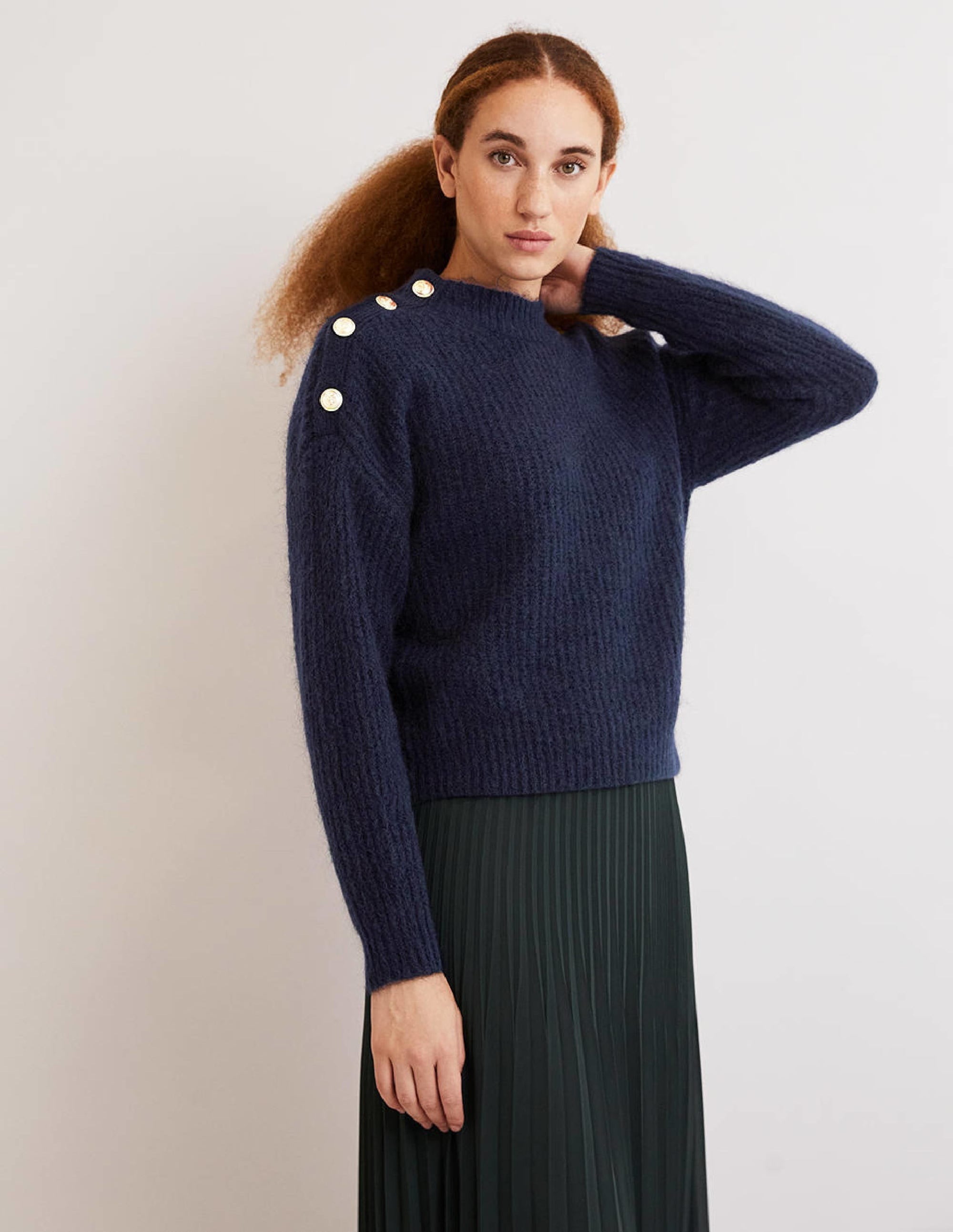 Fluffy Ribbed Button Jumper-Navy - Image 1
