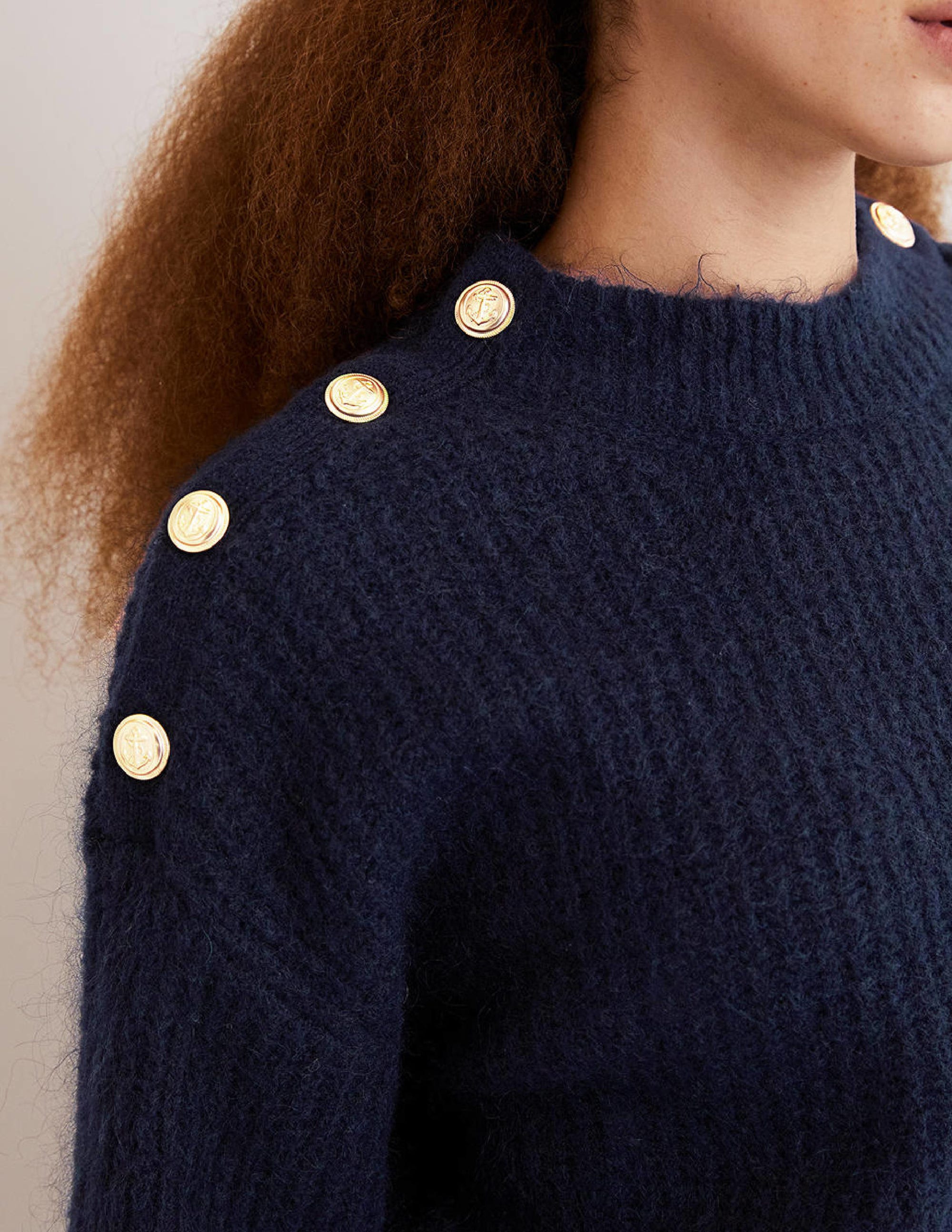 Fluffy Ribbed Button Jumper-Navy - Image 2