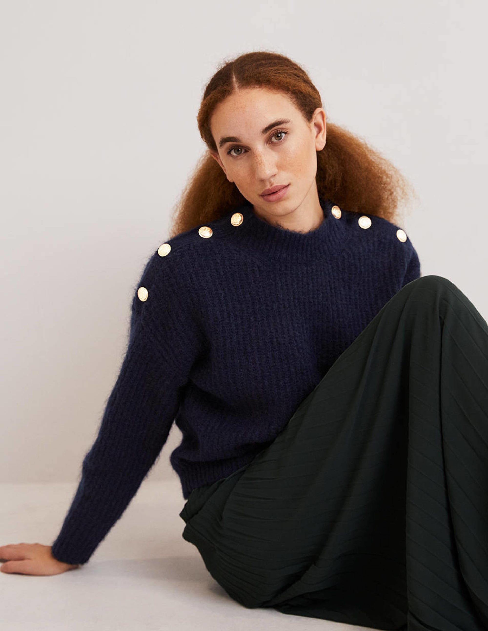 Fluffy Ribbed Button Jumper-Navy - Image 5