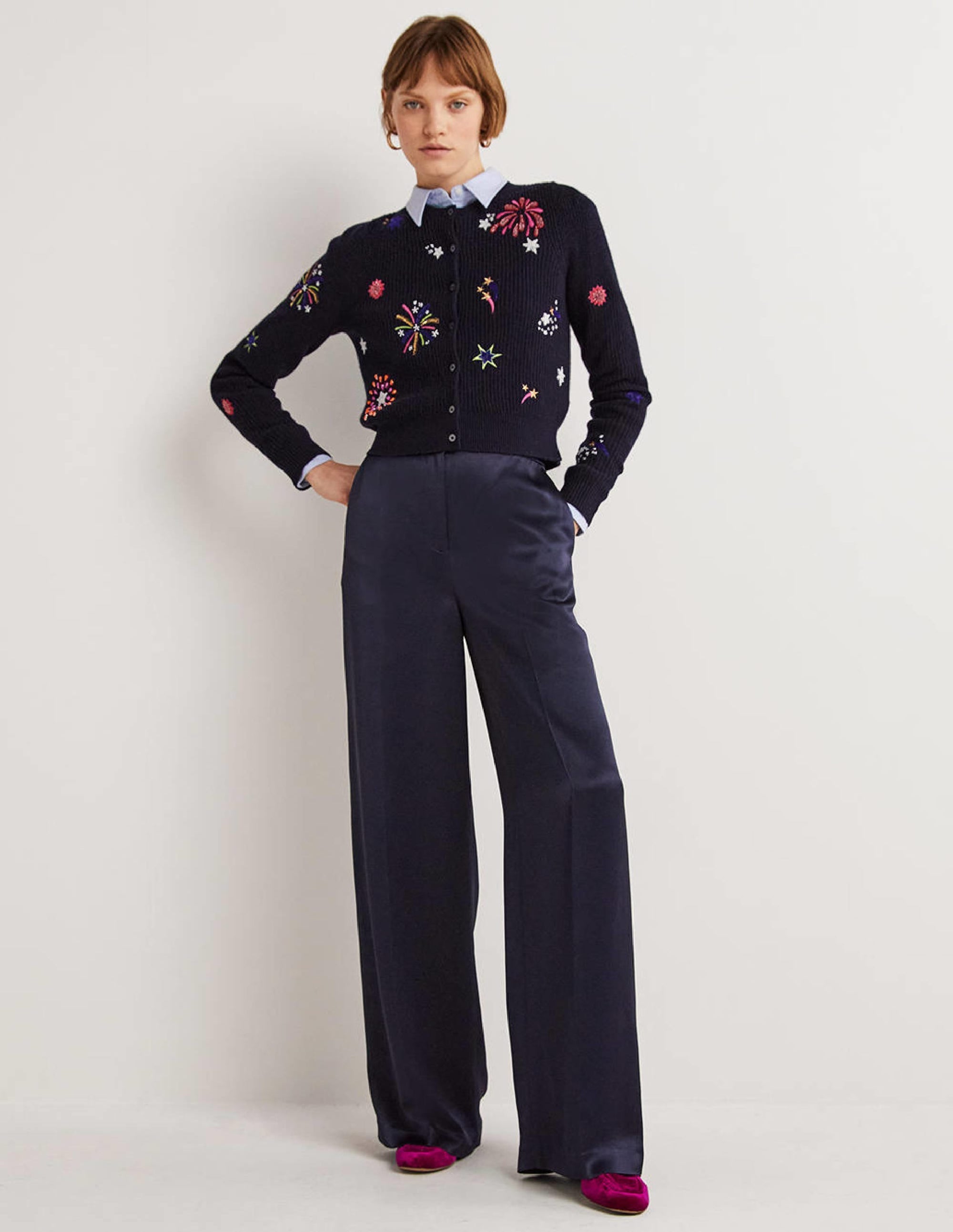 Wide Leg Satin Trousers-Navy Satin - Image 1