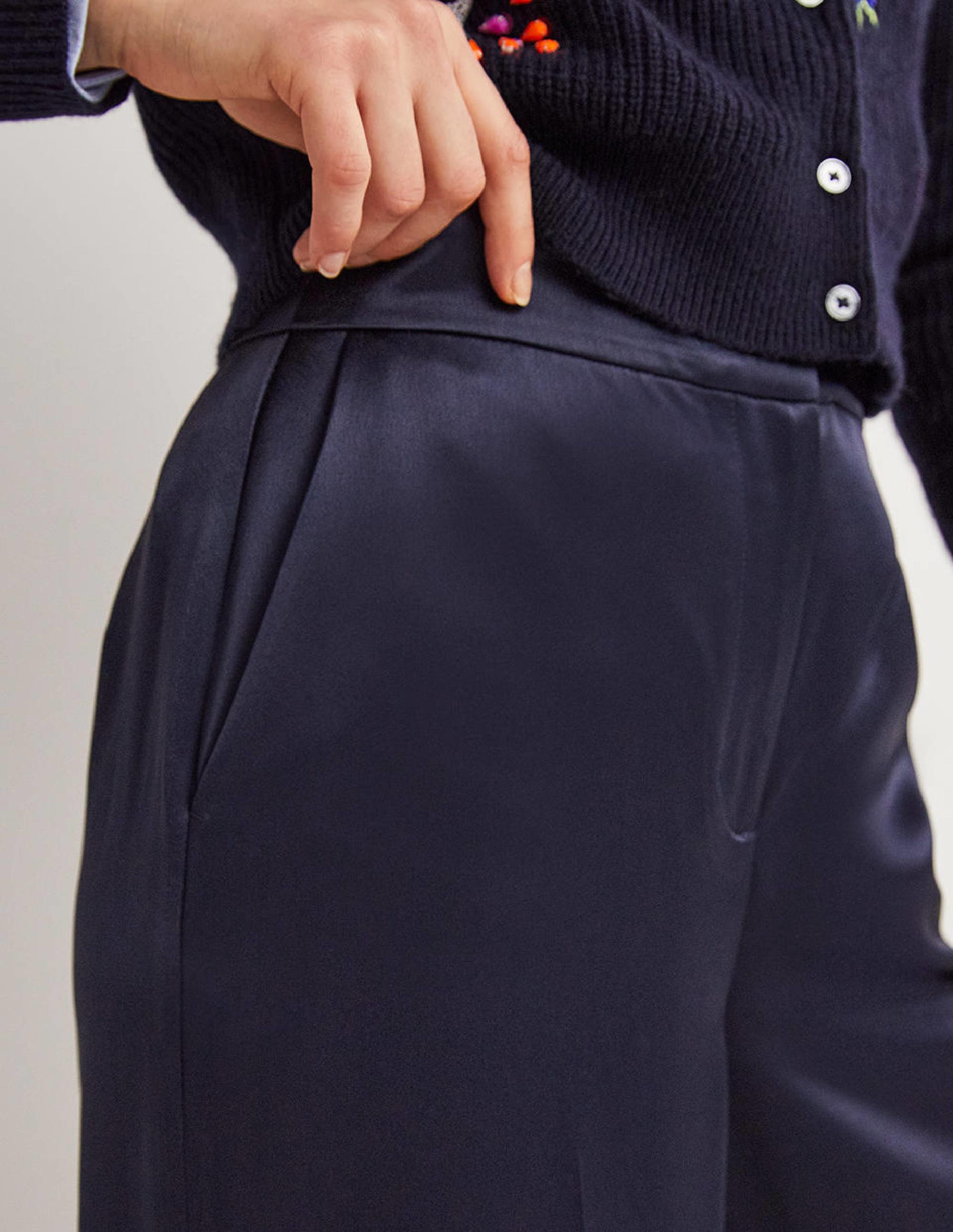 Wide Leg Satin Trousers-Navy Satin - Image 2