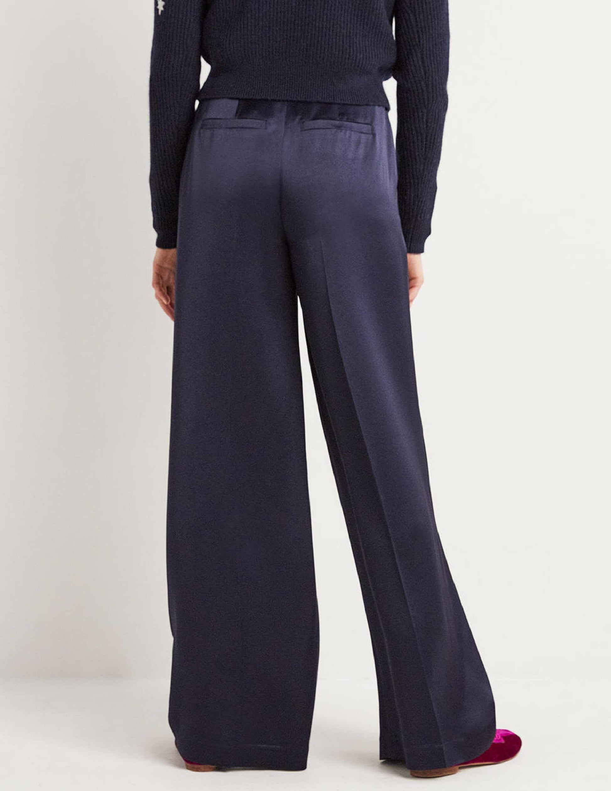 Wide Leg Satin Trousers-Navy Satin-3