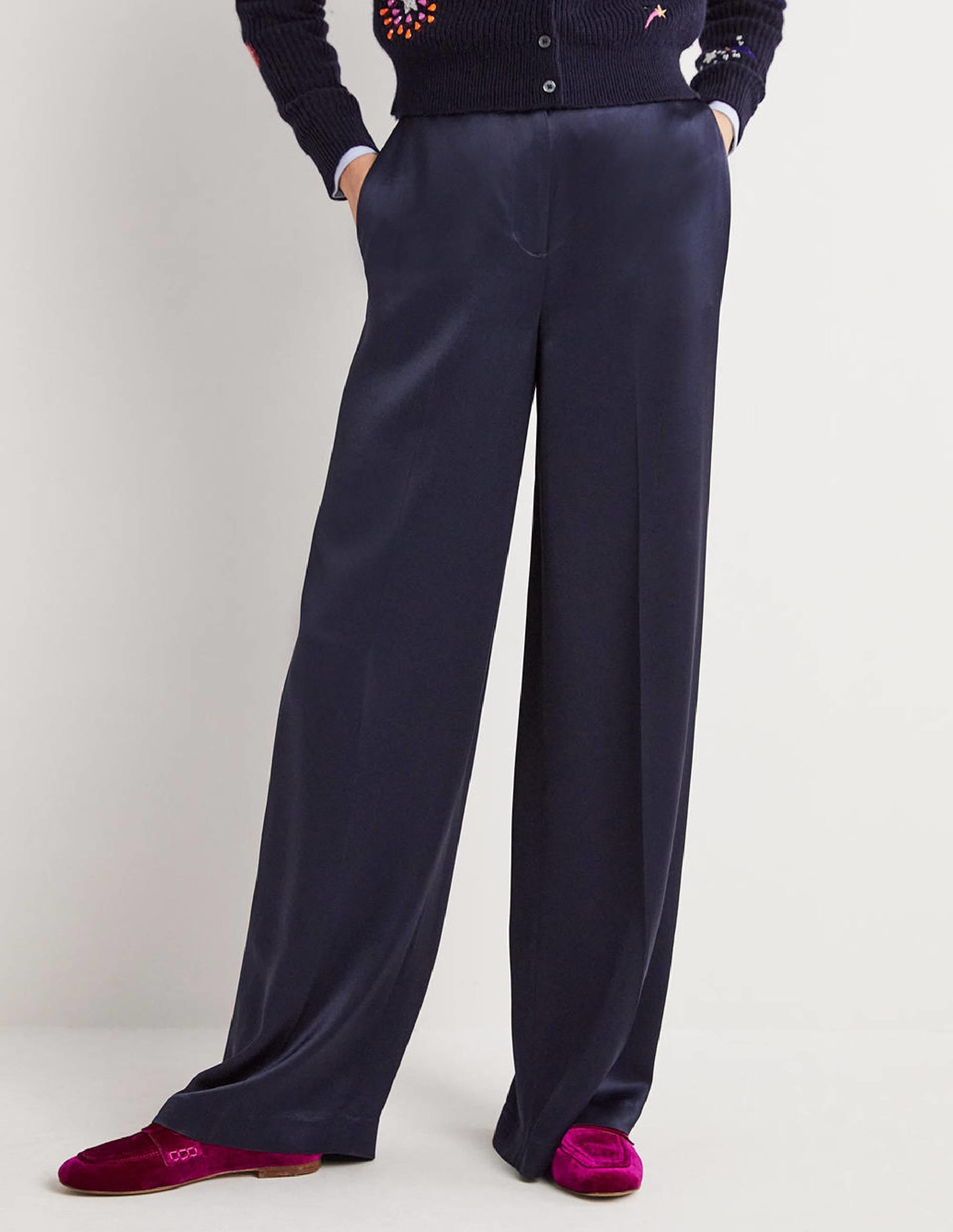 Wide Leg Satin Trousers-Navy Satin - Image 4