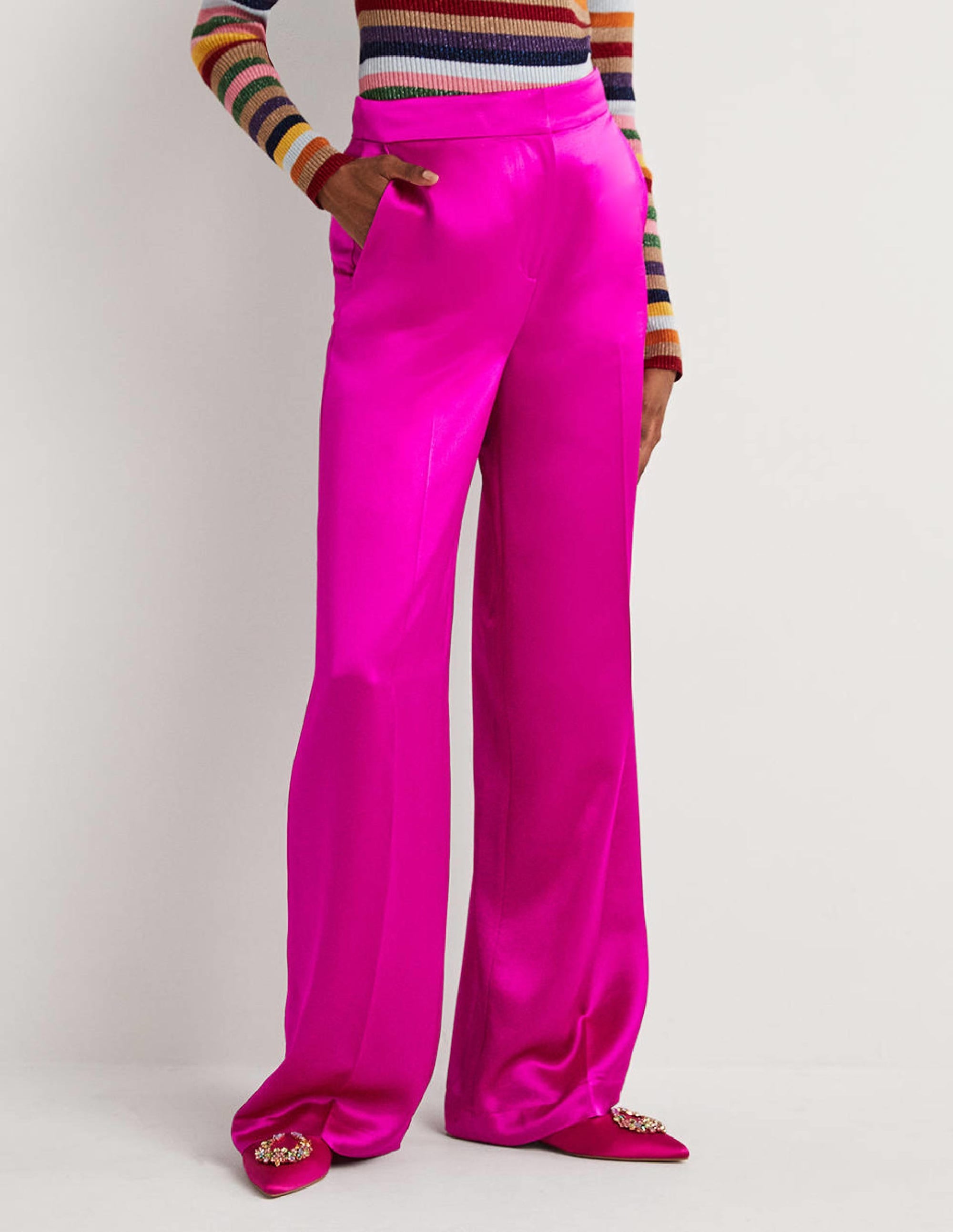 Wide Leg Satin Trousers-Fuchsia Satin - Image 4