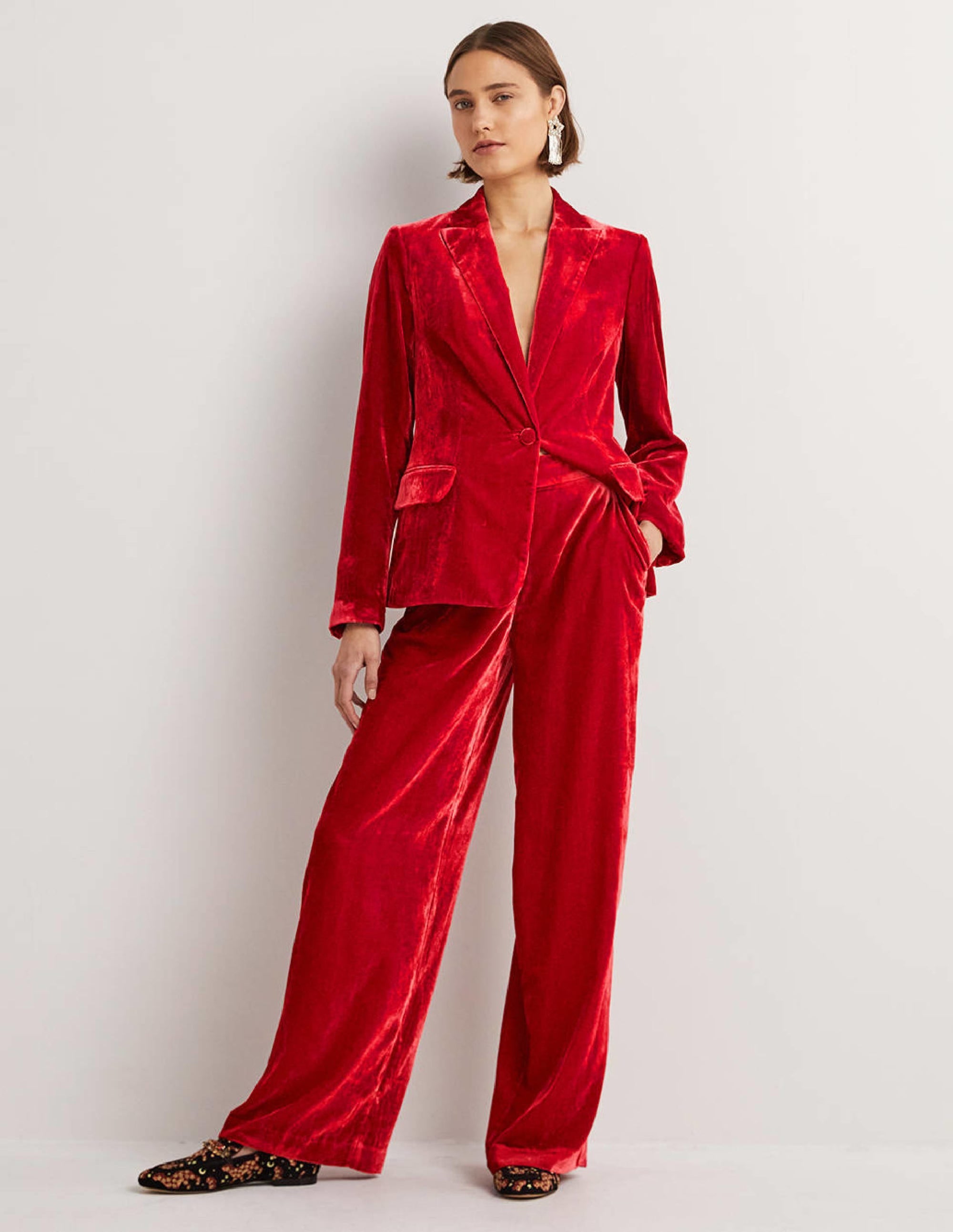 Red Velvet Wide-Leg Trousers-Red Velvet - Image 1