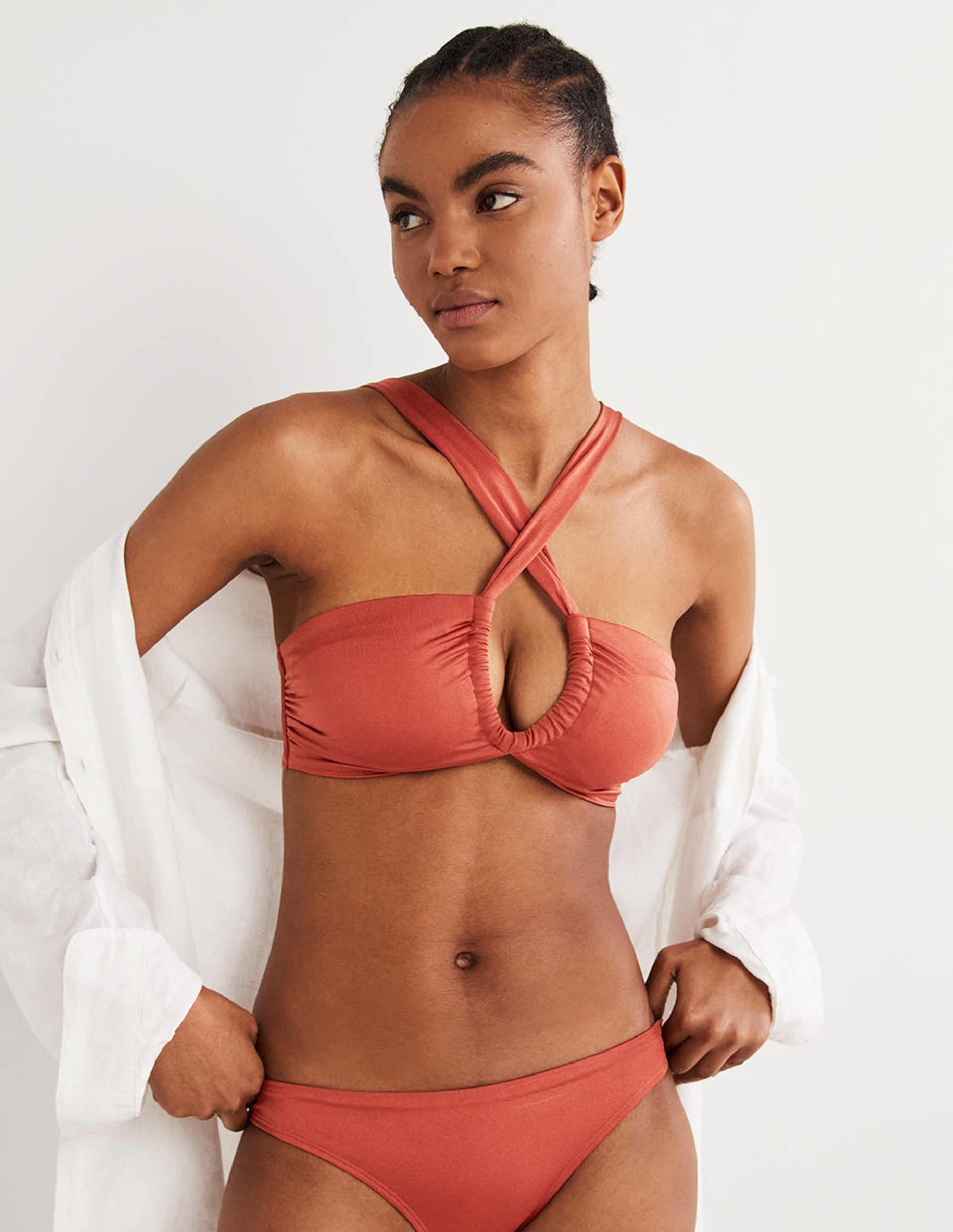 Ruched Halterneck Bikini Top-Chili Oil - Image 1