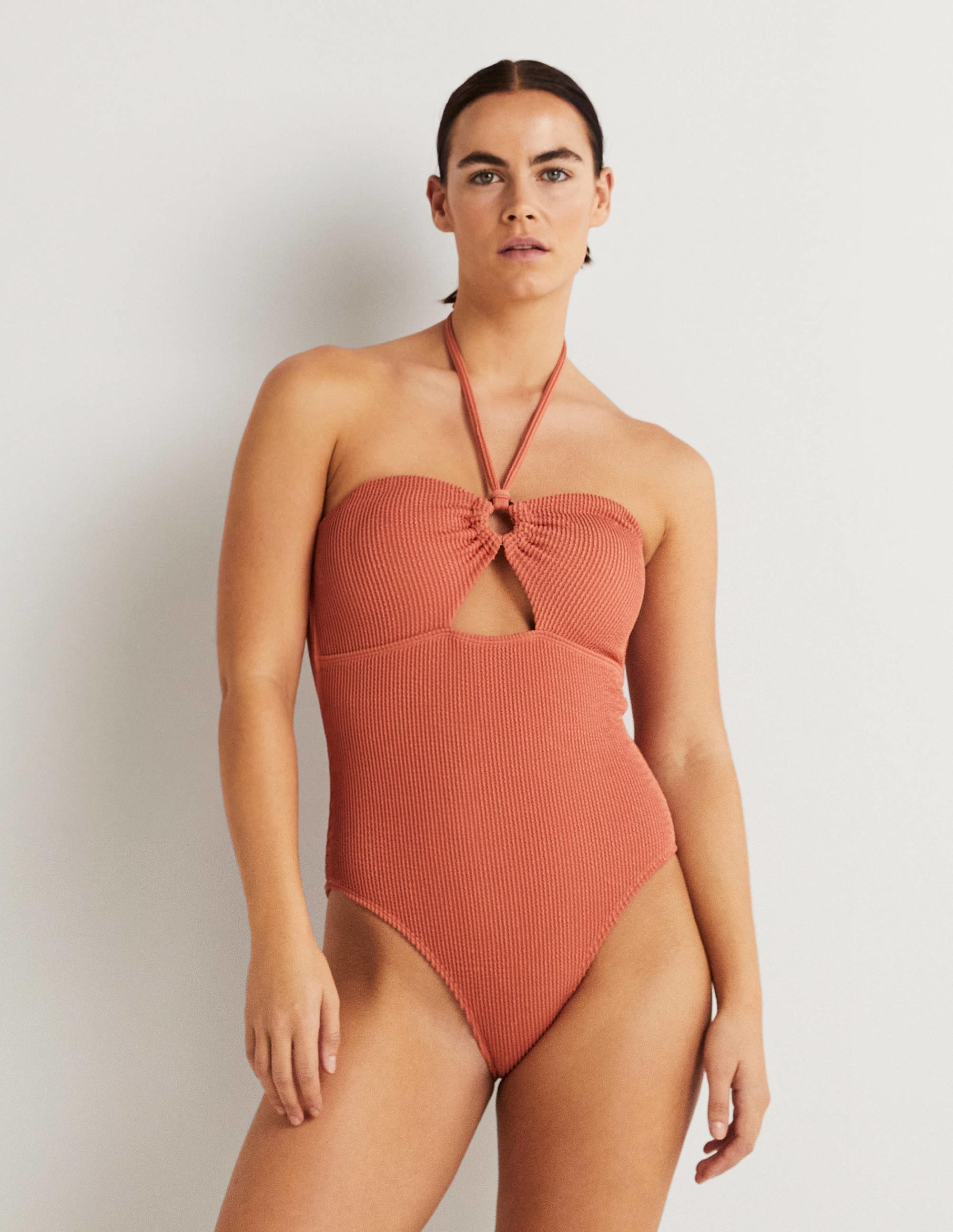 Cut Out Textured Swimsuit-Terracotta - Image 4