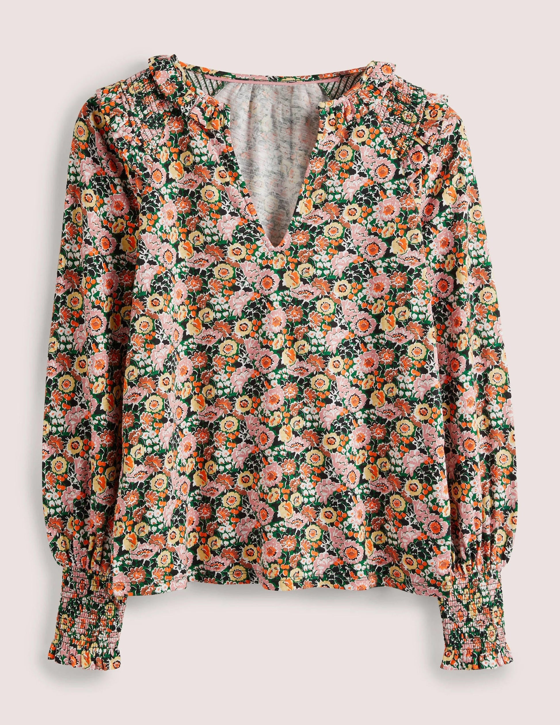 Notch Neck Smocked Frill Top-Almond Pink, Flora Illusion-6