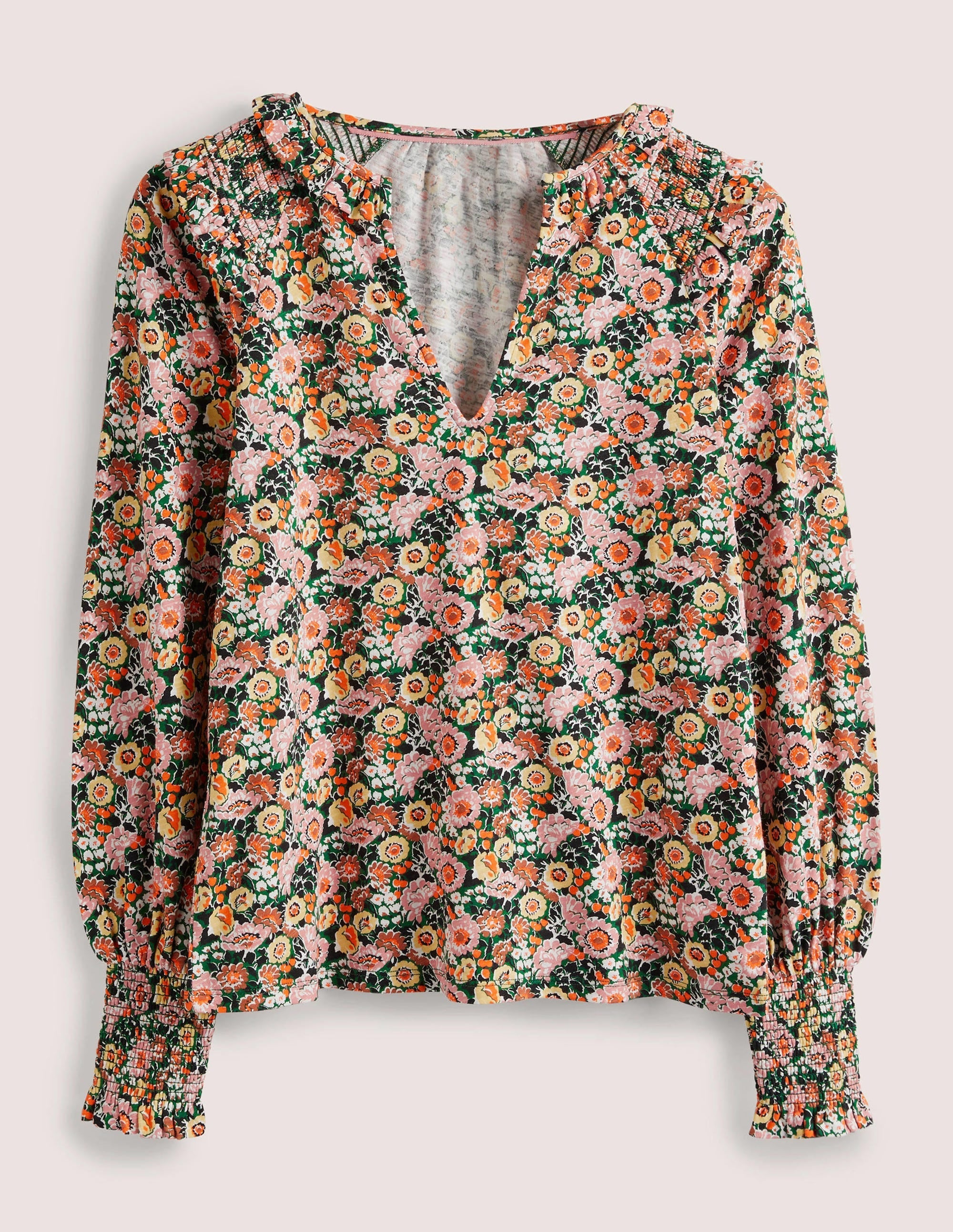 Notch Neck Smocked Frill Top-Almond Pink, Flora Illusion - Image 6