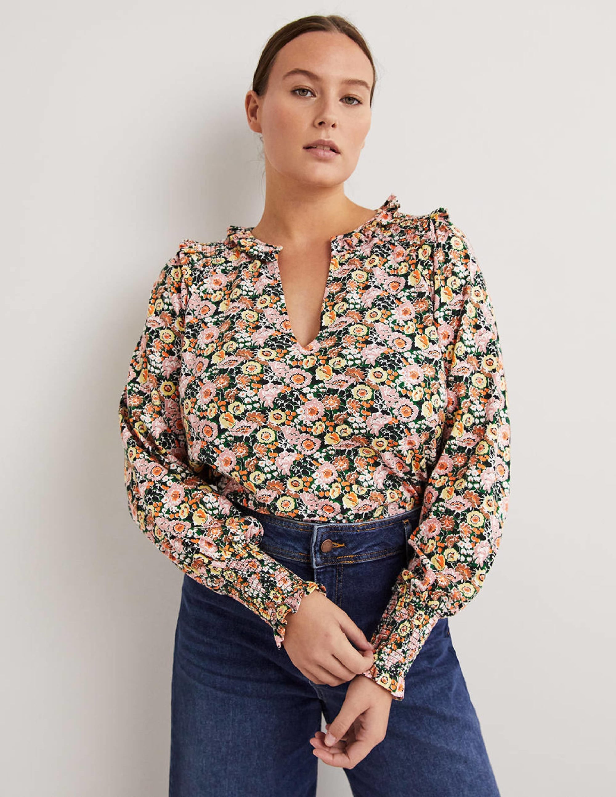 Notch Neck Smocked Frill Top-Almond Pink, Flora Illusion - Image 1
