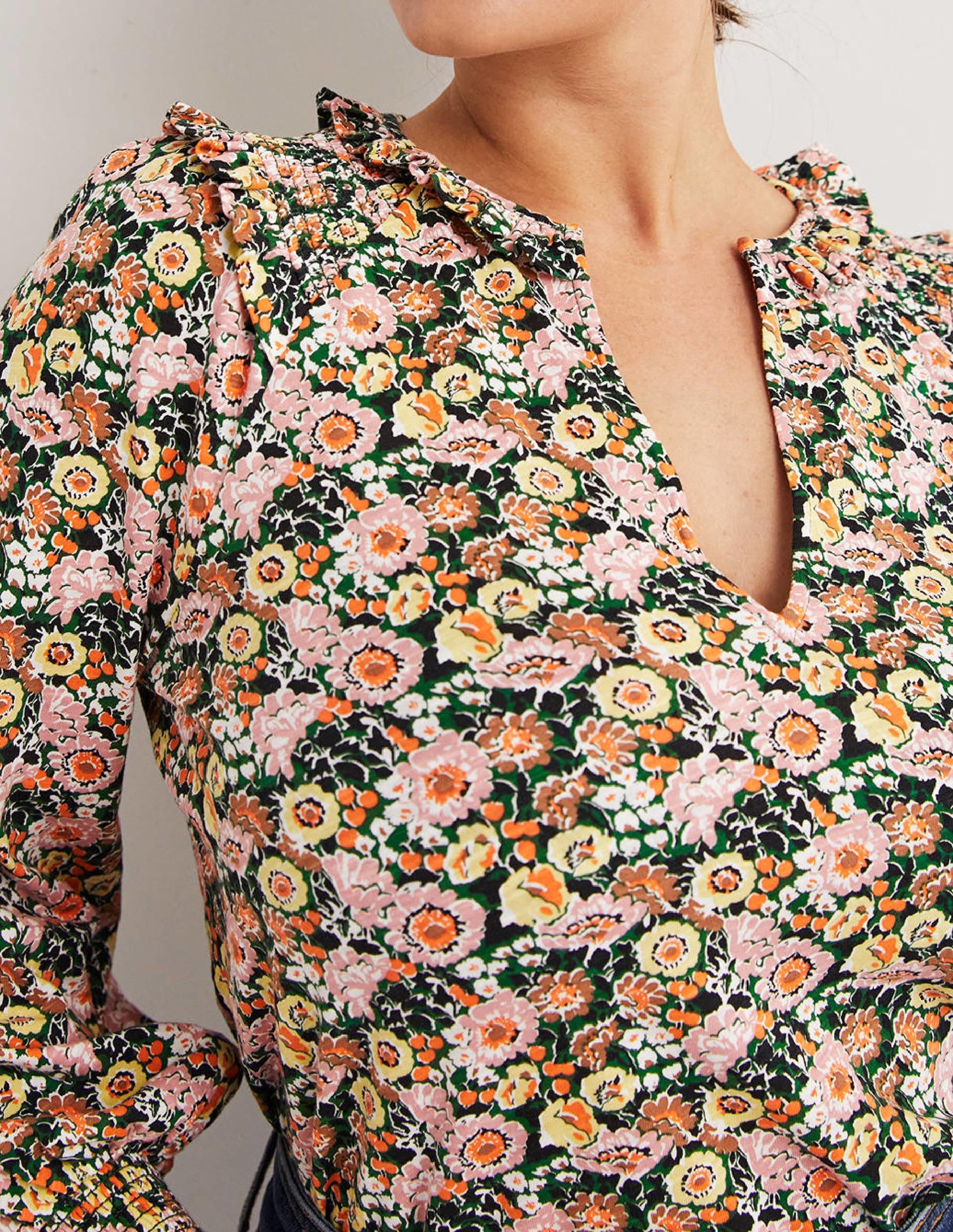 Notch Neck Smocked Frill Top-Almond Pink, Flora Illusion - Image 2