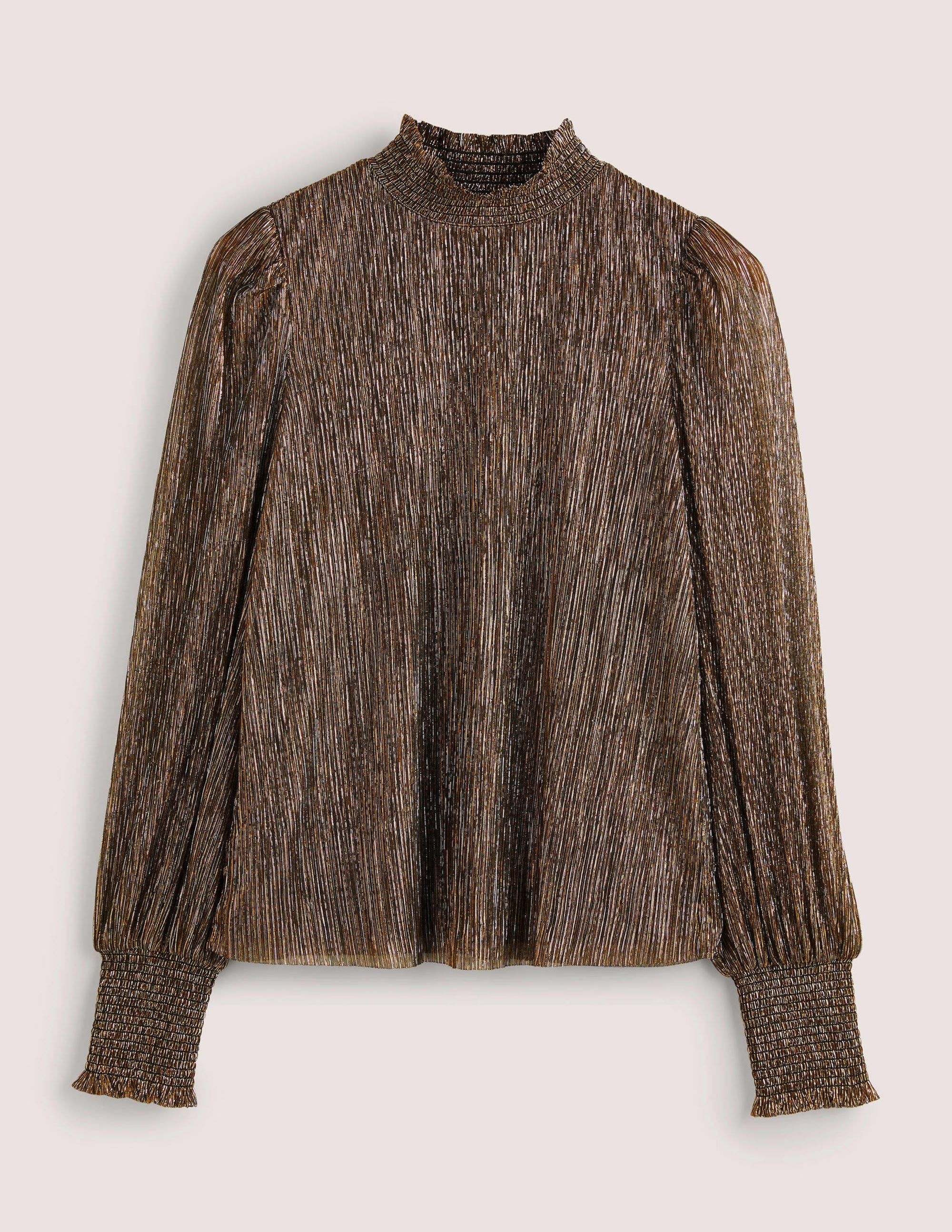 Smocked High Neck Party Top-Metallic Shimmer Plisse - Image 5
