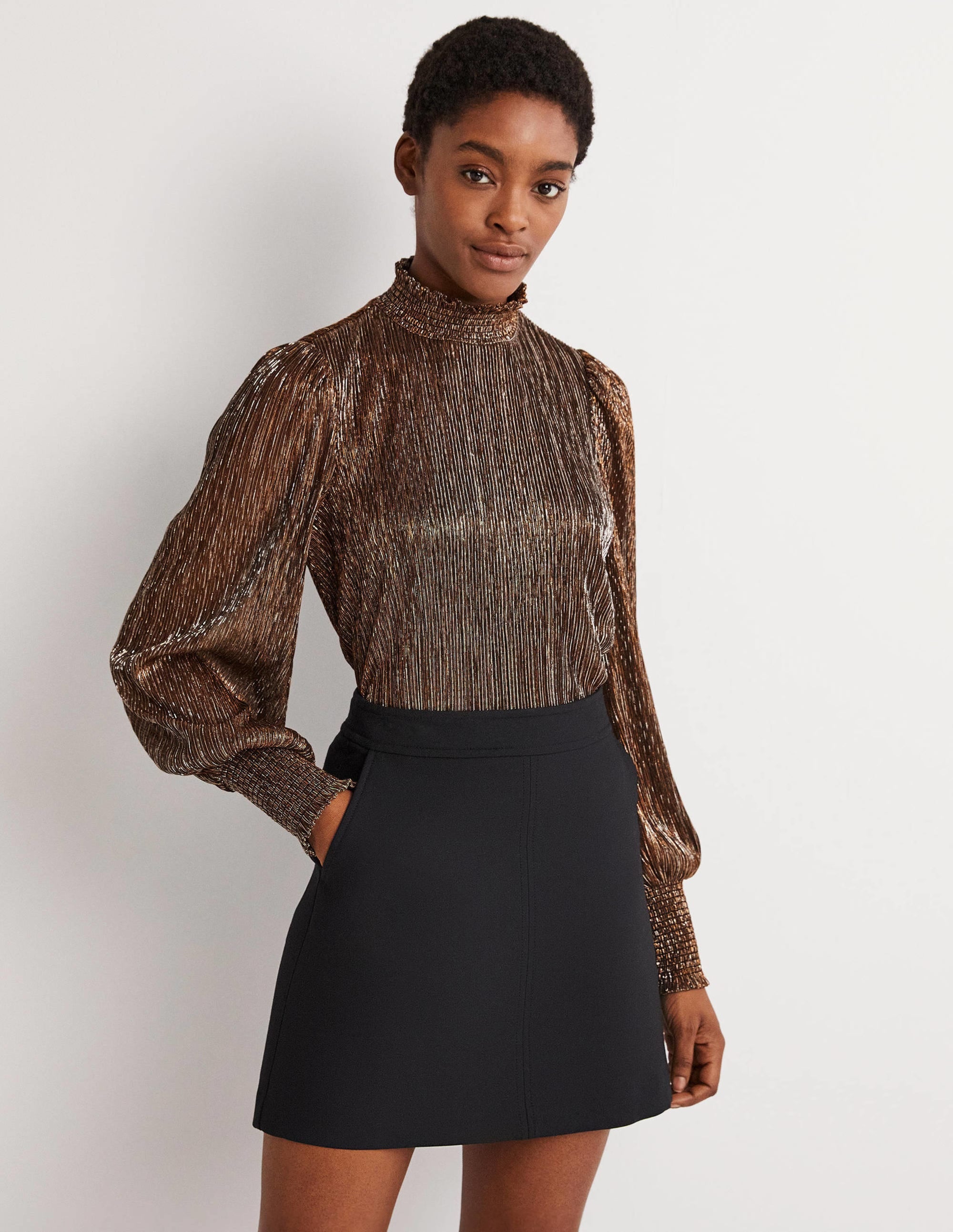 Smocked High Neck Party Top-Metallic Shimmer Plisse - Image 1