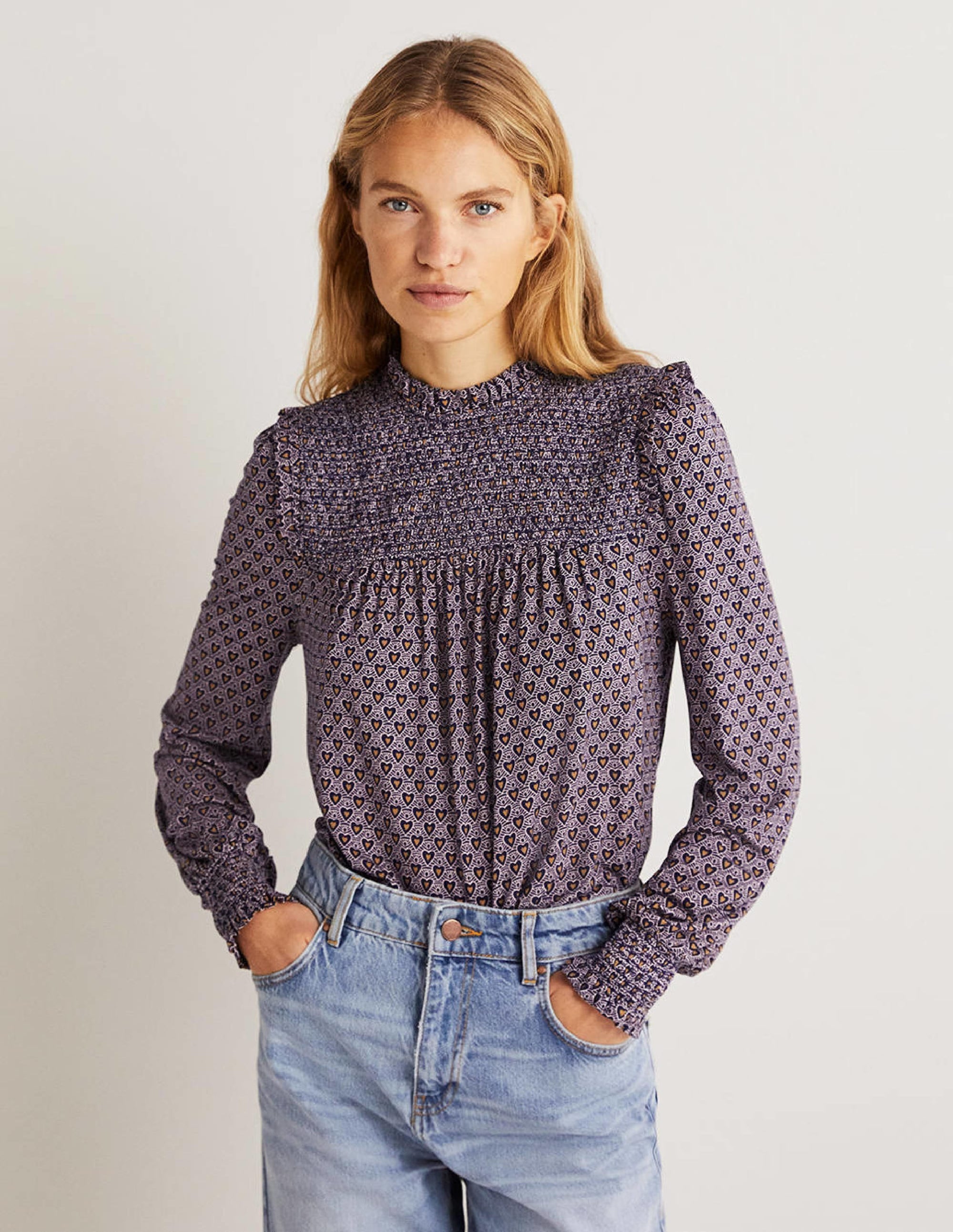 Smocked Yoke Top-French Navy, Dainty Heart - Image 1