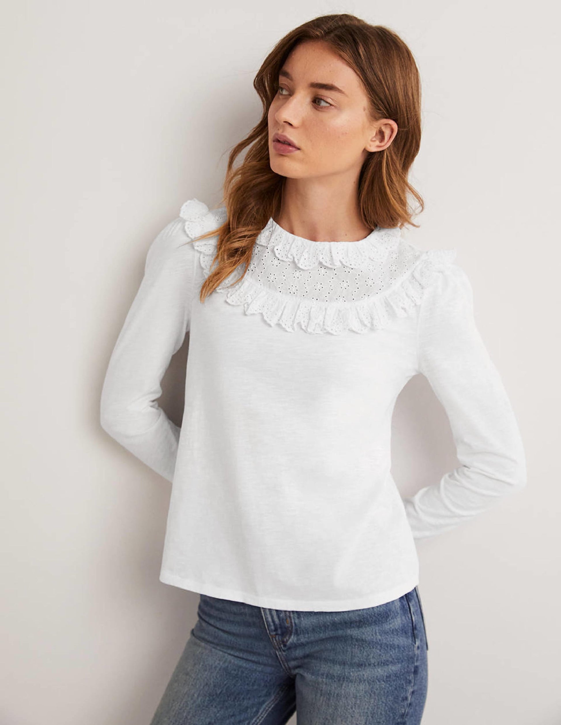 Broderie Yoke Frill Top-White-1