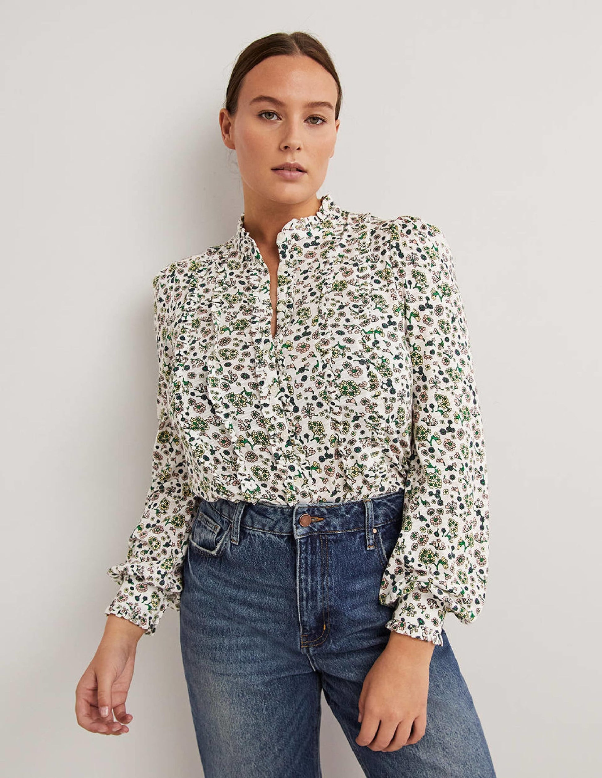 Ruffle Jersey Shirt-Ivory Ditsy Charm-1