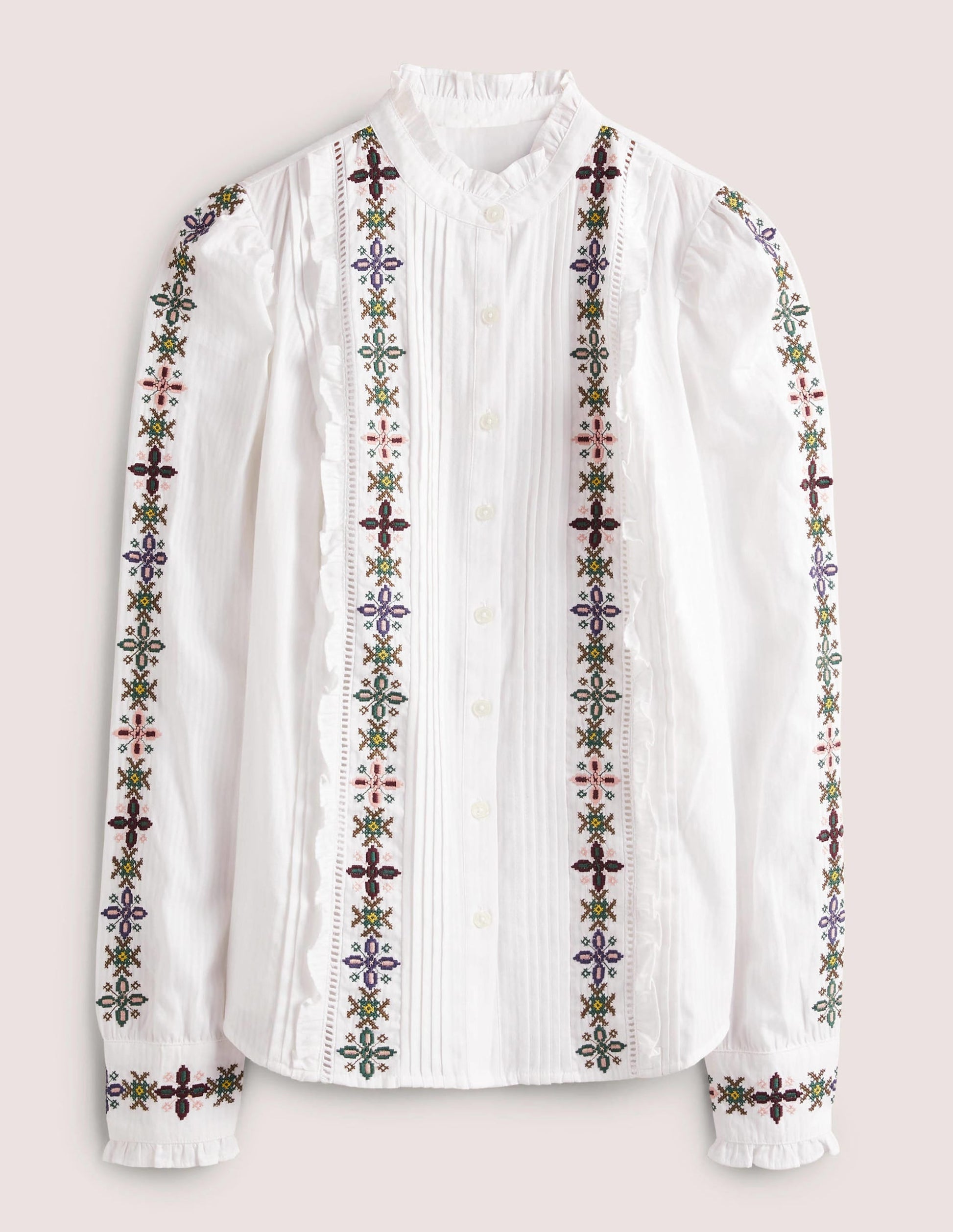 Embroidered High Neck Shirt-White-7