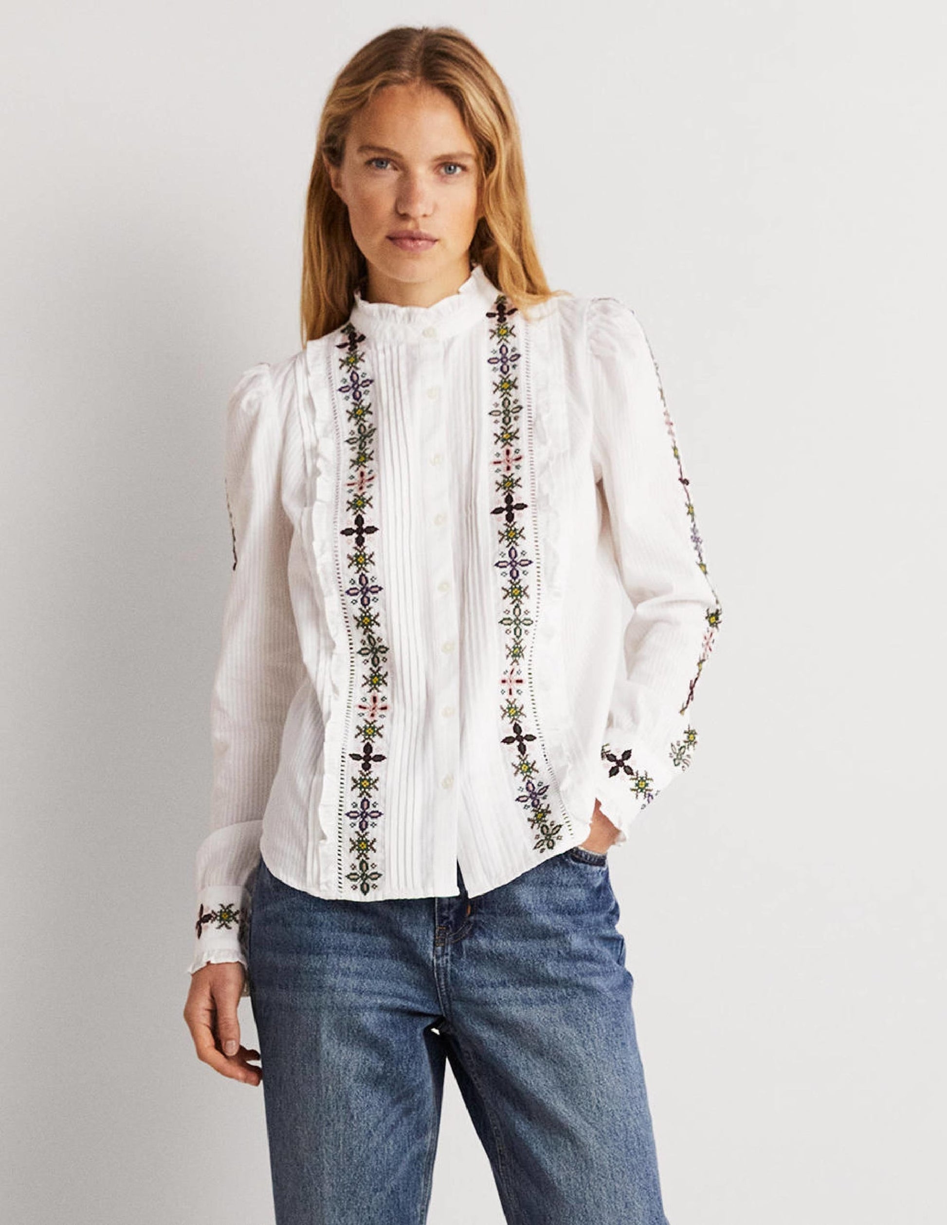 Embroidered High Neck Shirt-White-1